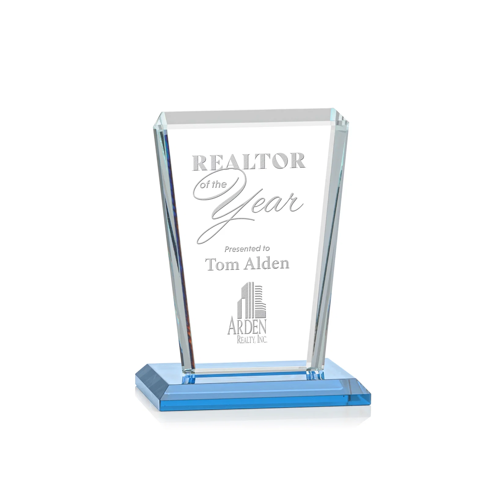 Promotional Starfire Crystal Award on Rosewood Base, Full-Color Print Option for corporate award ceremonies