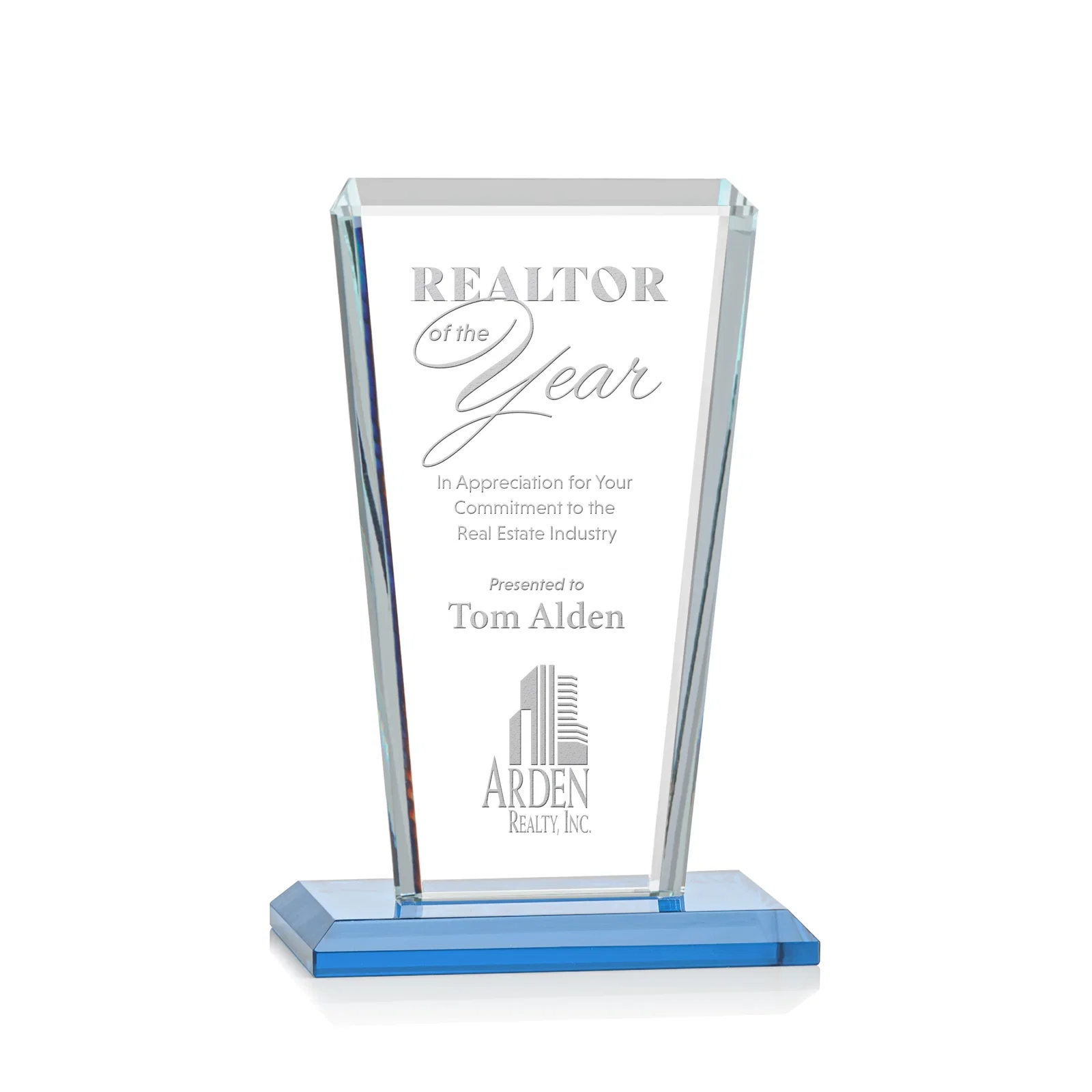 Promotional Starfire Crystal Award on Rosewood Base, Full-Color Print Option for service anniversary gifts