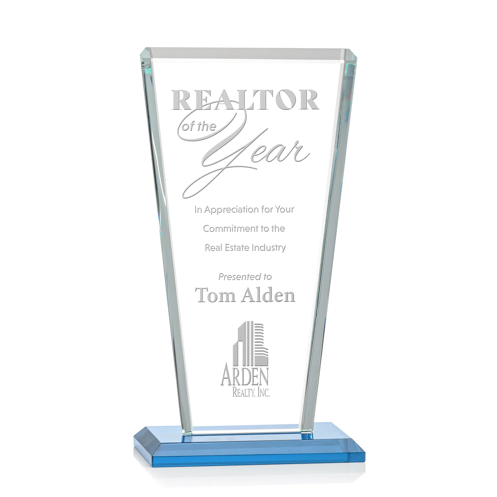 Promotional Starfire Crystal Award on Rosewood Base, Full-Color Print Option for sales achievement awards