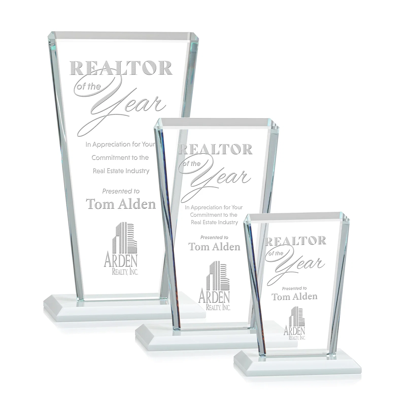 Promotional Starfire Crystal Award on Rosewood Base, Full-Color Print Option for retirement presentations