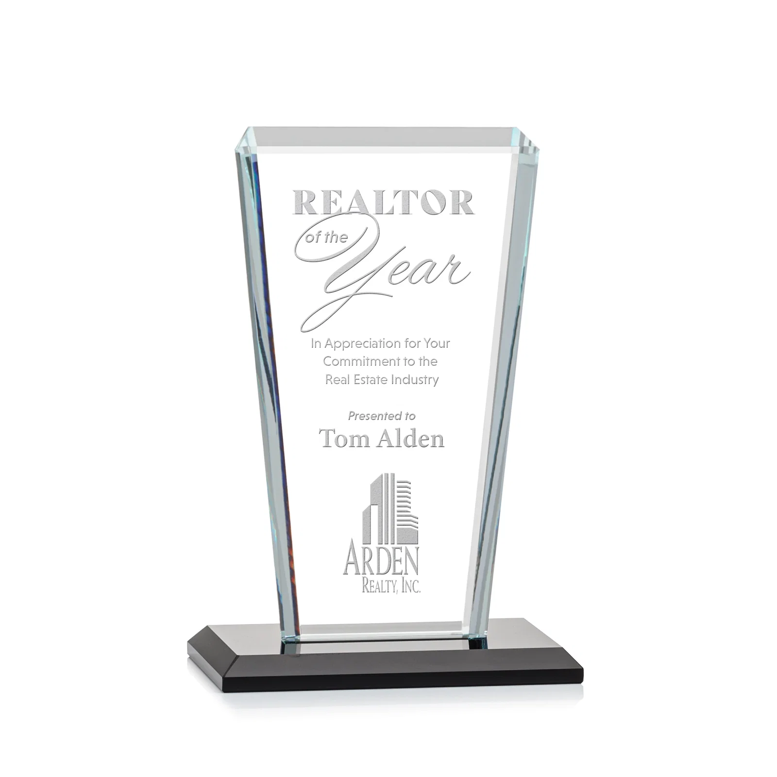 Custom Starfire Crystal Award on Rosewood Base, Full-Color Print Option for service anniversary gifts
