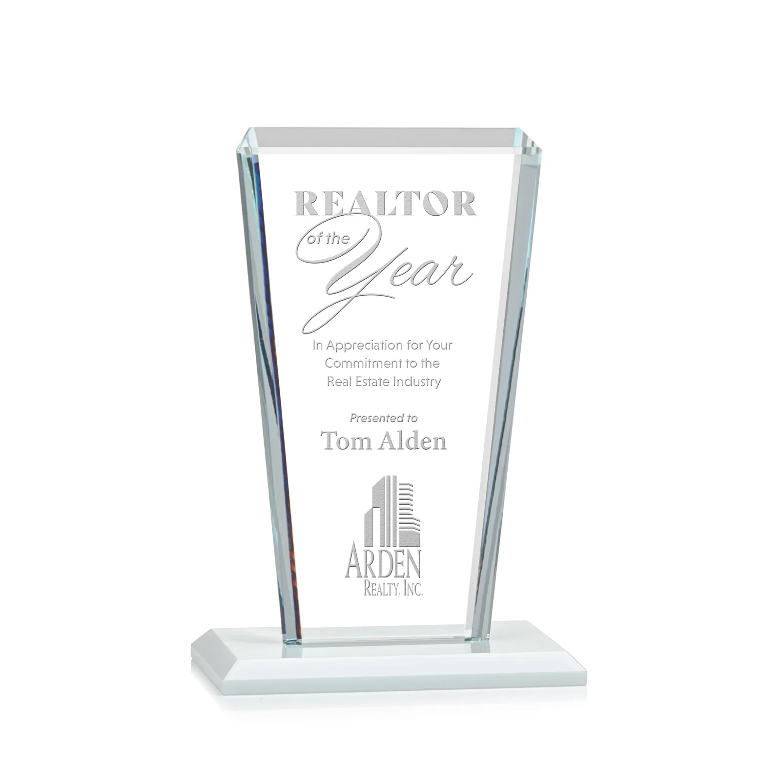 Promotional Starfire Crystal Award on Rosewood Base, Full-Color Print Option for donor appreciation