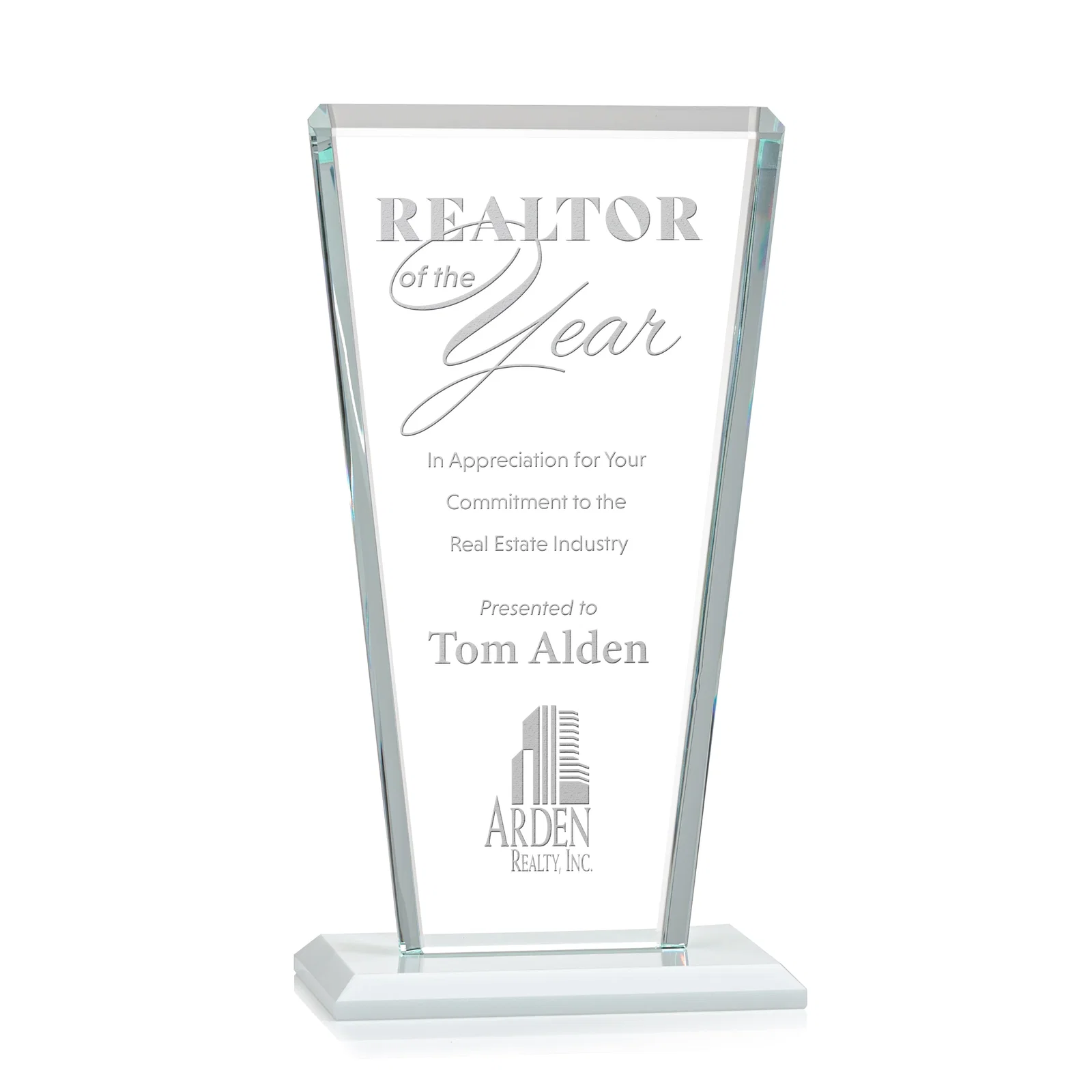 Promotional Starfire Crystal Award on Rosewood Base, Full-Color Print Option for graduation ceremonies
