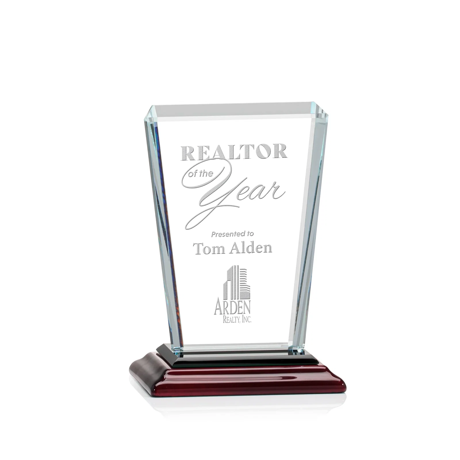Promotional Starfire Crystal Award on Rosewood Base, Full-Color Print Option for volunteer appreciation