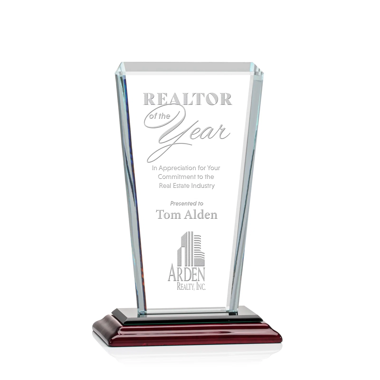 Promotional Starfire Crystal Award on Rosewood Base, Full-Color Print Option for dealer and partner awards