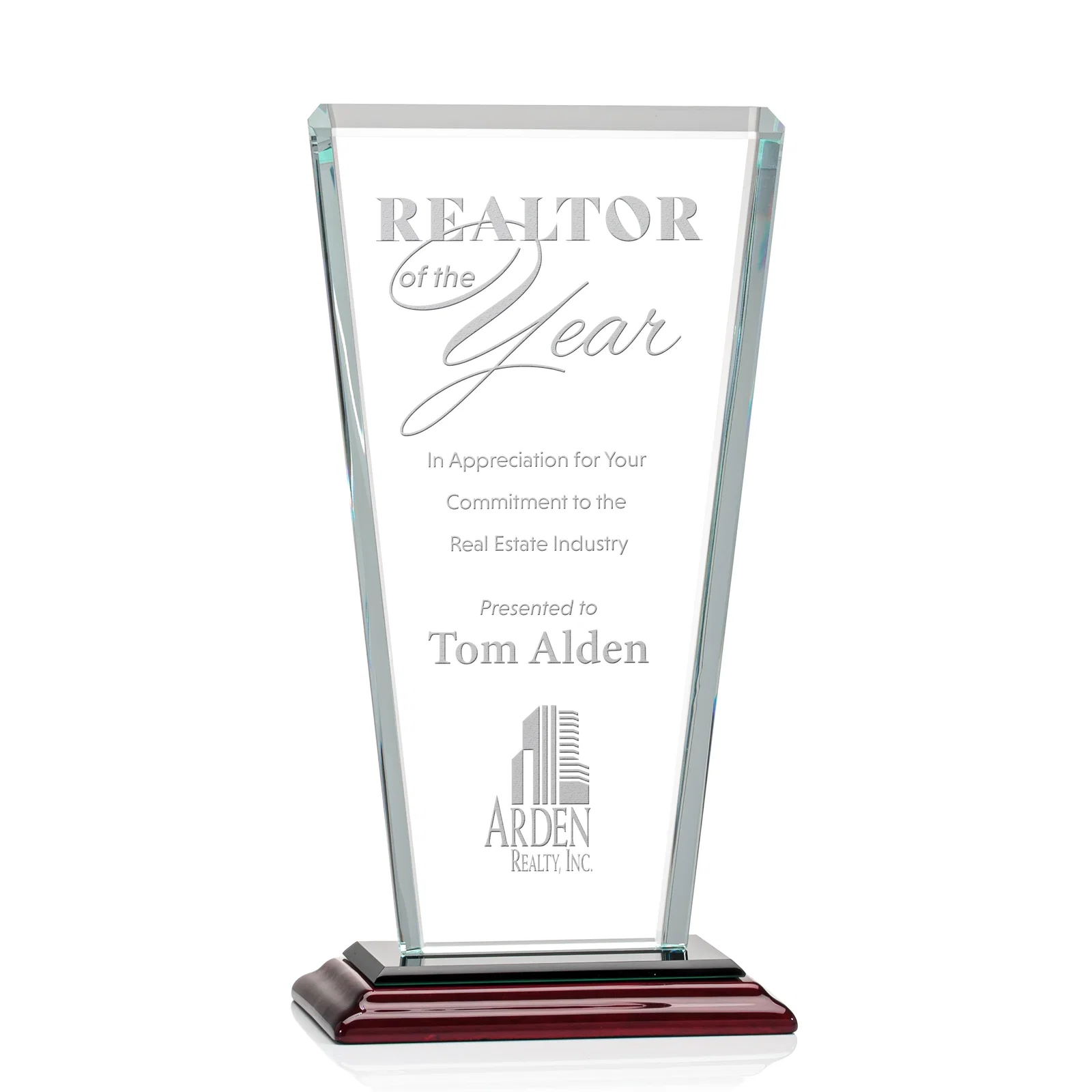 Promotional Starfire Crystal Award on Rosewood Base, Full-Color Print Option for company anniversary events