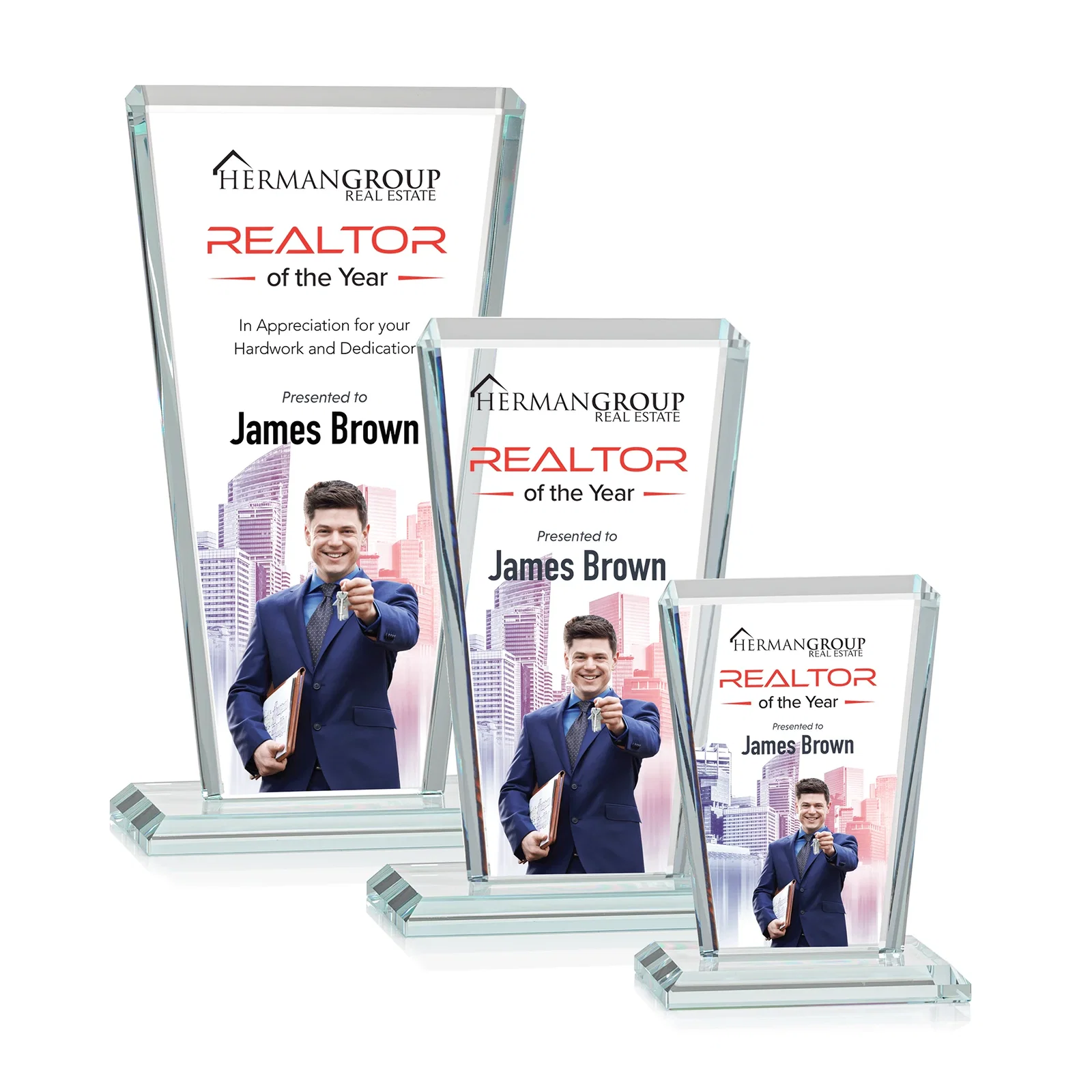 Branded Starfire Crystal Award on Rosewood Base, Full-Color Print Option for employee recognition