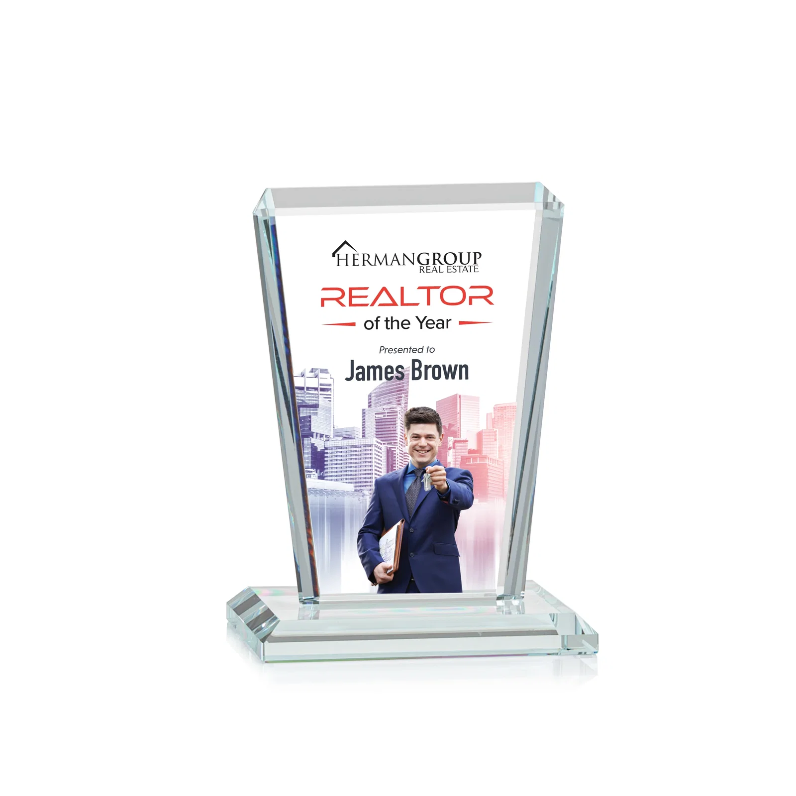 Branded Starfire Crystal Award on Rosewood Base, Full-Color Print Option for corporate award ceremonies