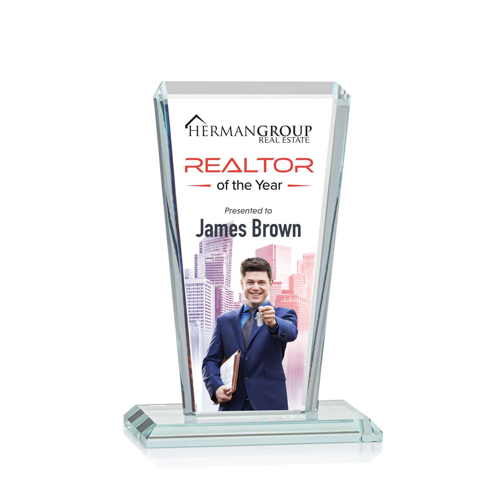 Branded Starfire Crystal Award on Rosewood Base, Full-Color Print Option for service anniversary gifts