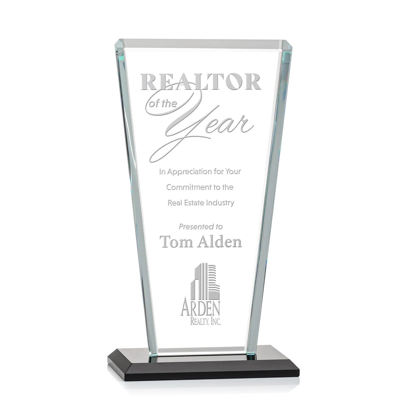 Custom Starfire Crystal Award on Rosewood Base, Full-Color Print Option for sales achievement awards