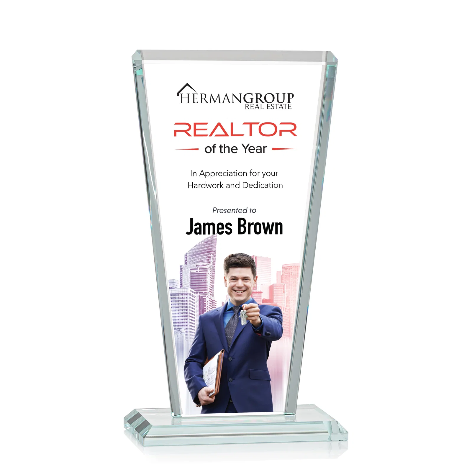 Branded Starfire Crystal Award on Rosewood Base, Full-Color Print Option for sales achievement awards