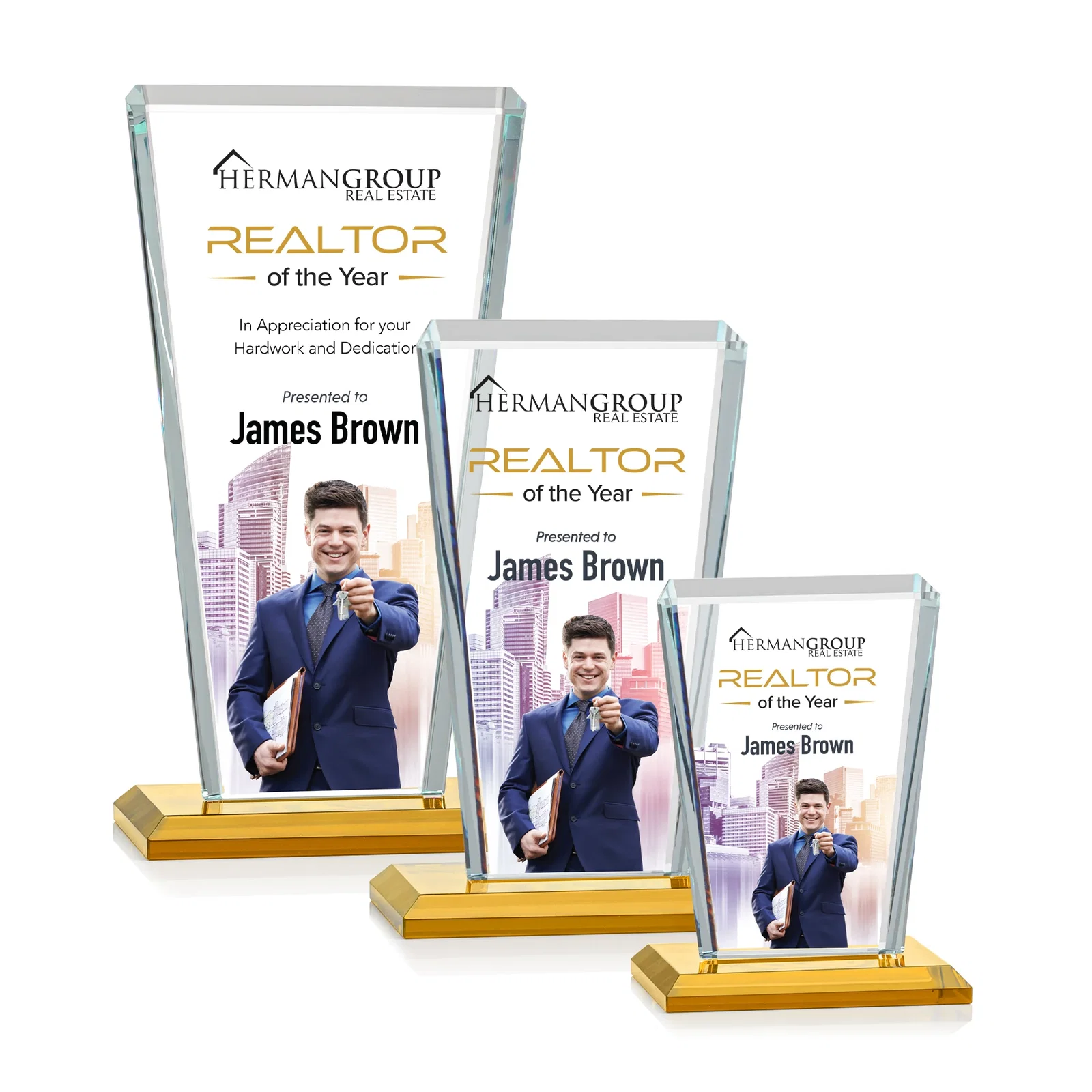 Branded Starfire Crystal Award on Rosewood Base, Full-Color Print Option for retirement presentations