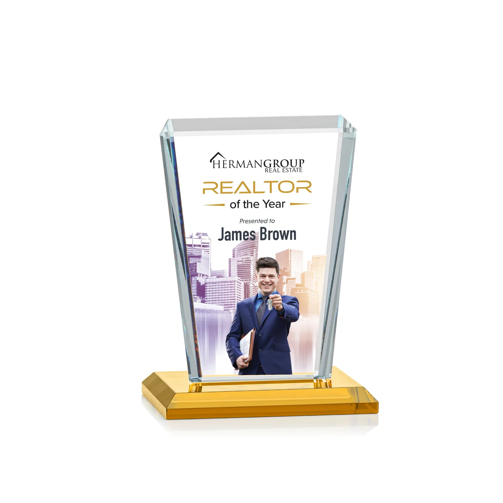 Branded Starfire Crystal Award on Rosewood Base, Full-Color Print Option for team milestone celebrations