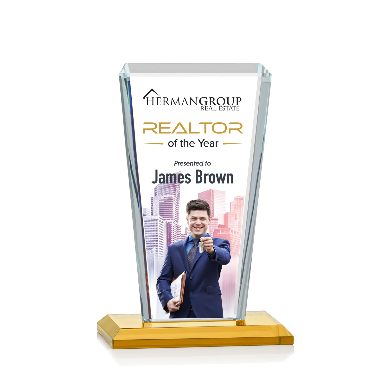 Branded Starfire Crystal Award on Rosewood Base, Full-Color Print Option for donor appreciation