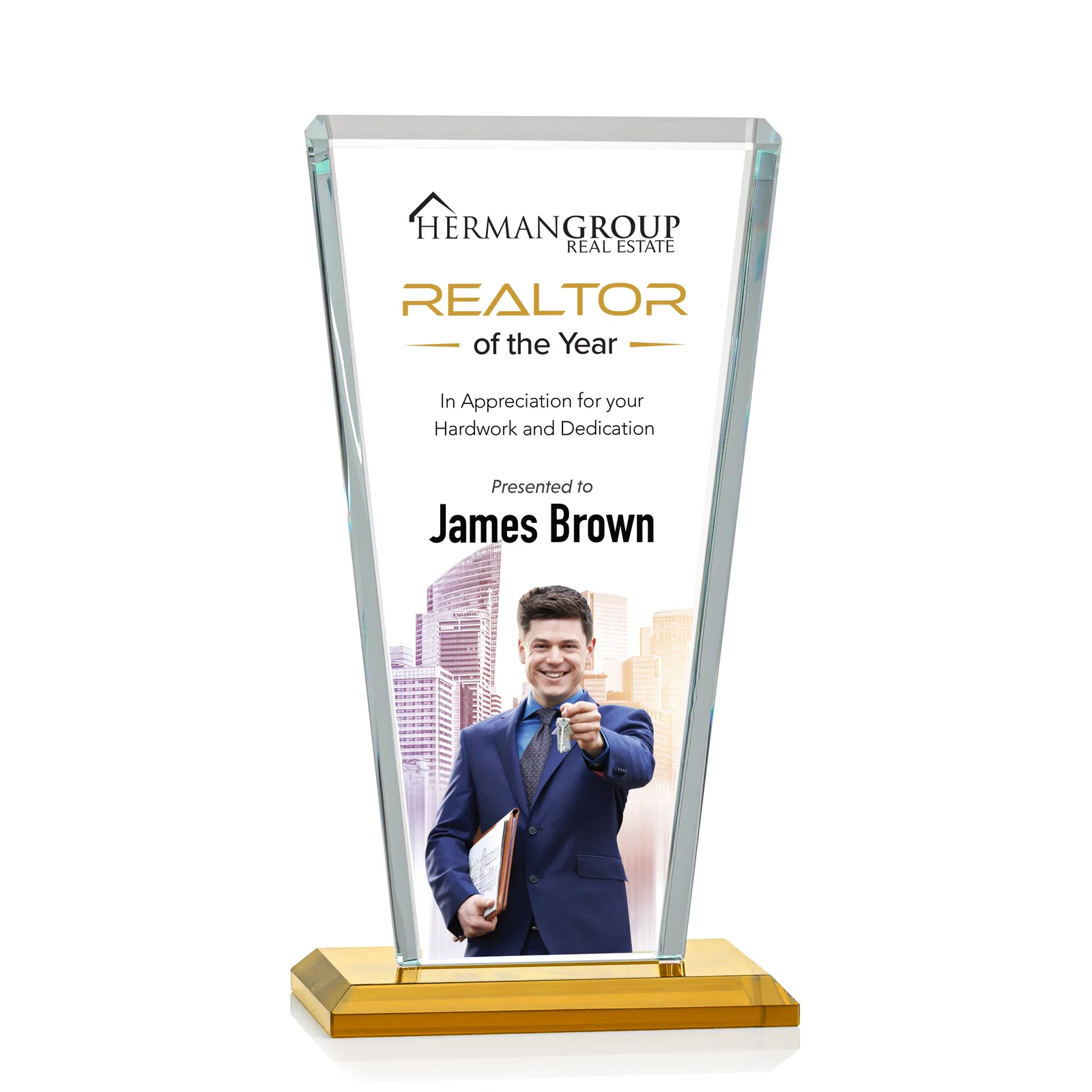 Branded Starfire Crystal Award on Rosewood Base, Full-Color Print Option for graduation ceremonies