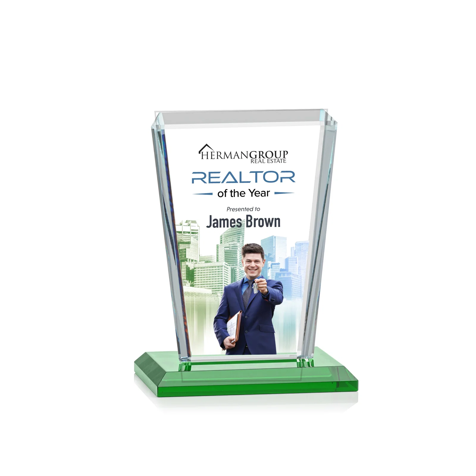 Branded Starfire Crystal Award on Rosewood Base, Full-Color Print Option for volunteer appreciation