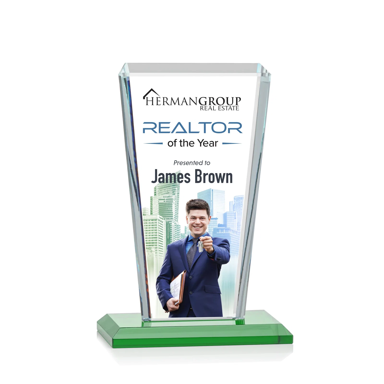 Branded Starfire Crystal Award on Rosewood Base, Full-Color Print Option for dealer and partner awards