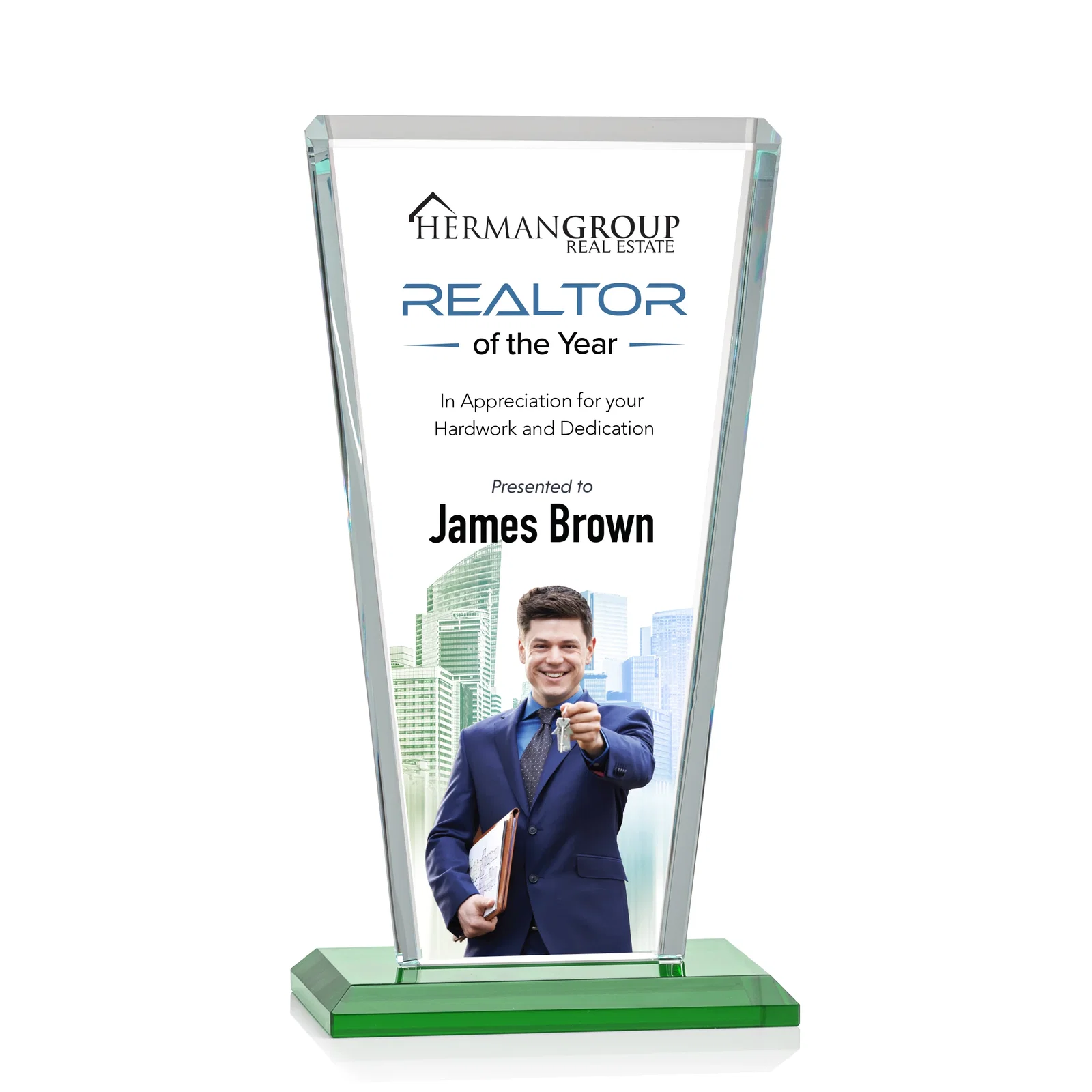 Branded Starfire Crystal Award on Rosewood Base, Full-Color Print Option for company anniversary events