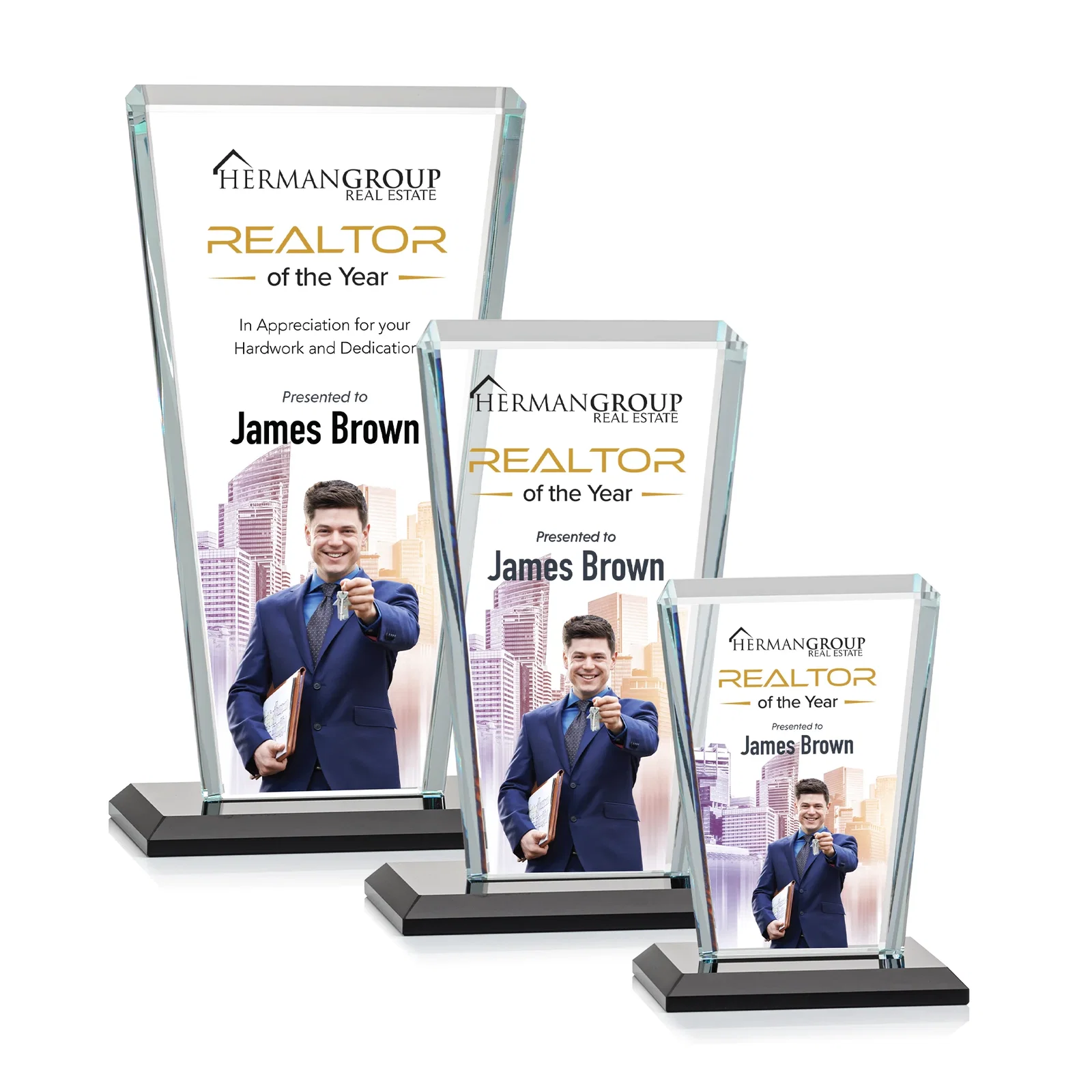 Custom printed Starfire Crystal Award on Rosewood Base, Full-Color Print Option for employee recognition