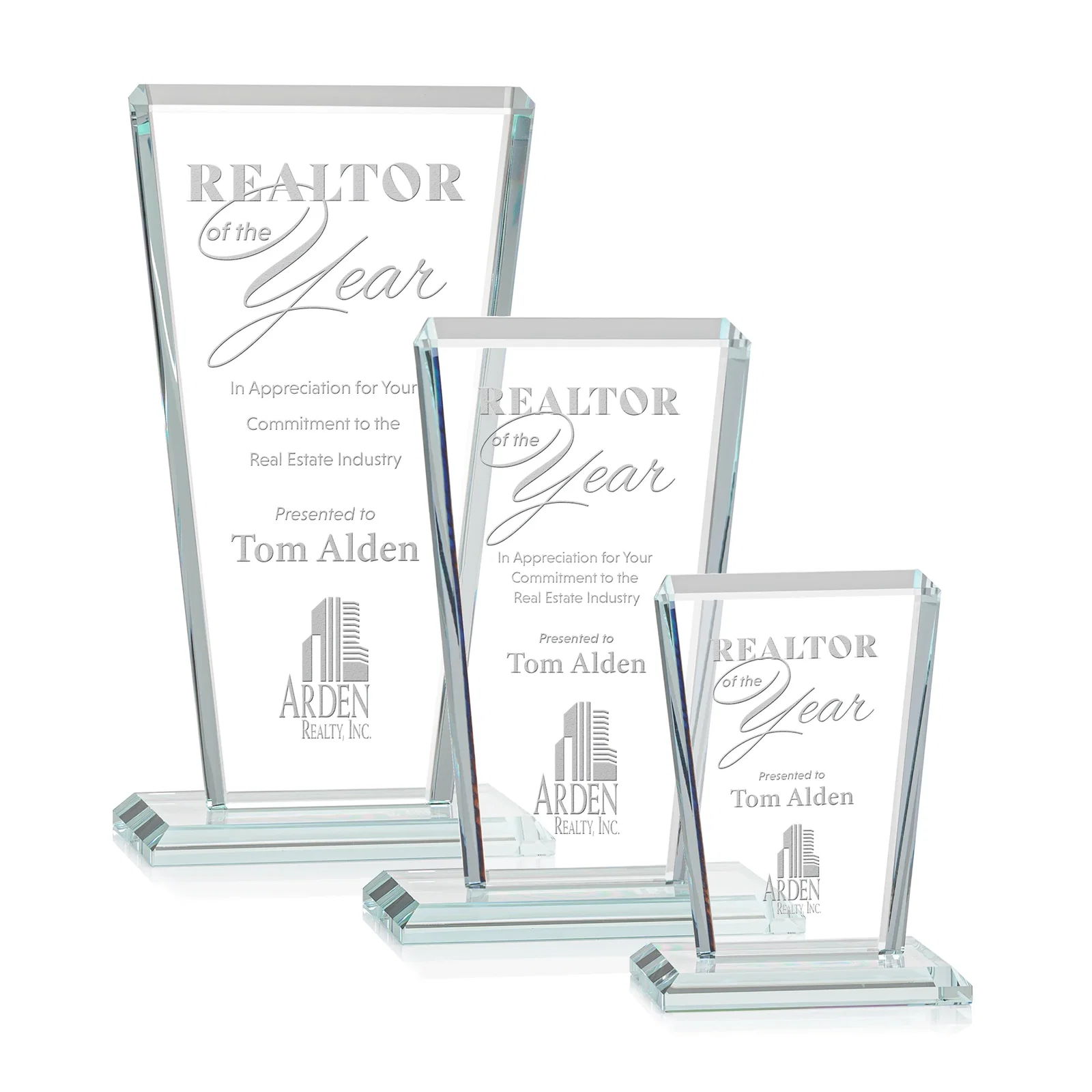 Custom Starfire Crystal Award on Rosewood Base, Full-Color Print Option for retirement presentations