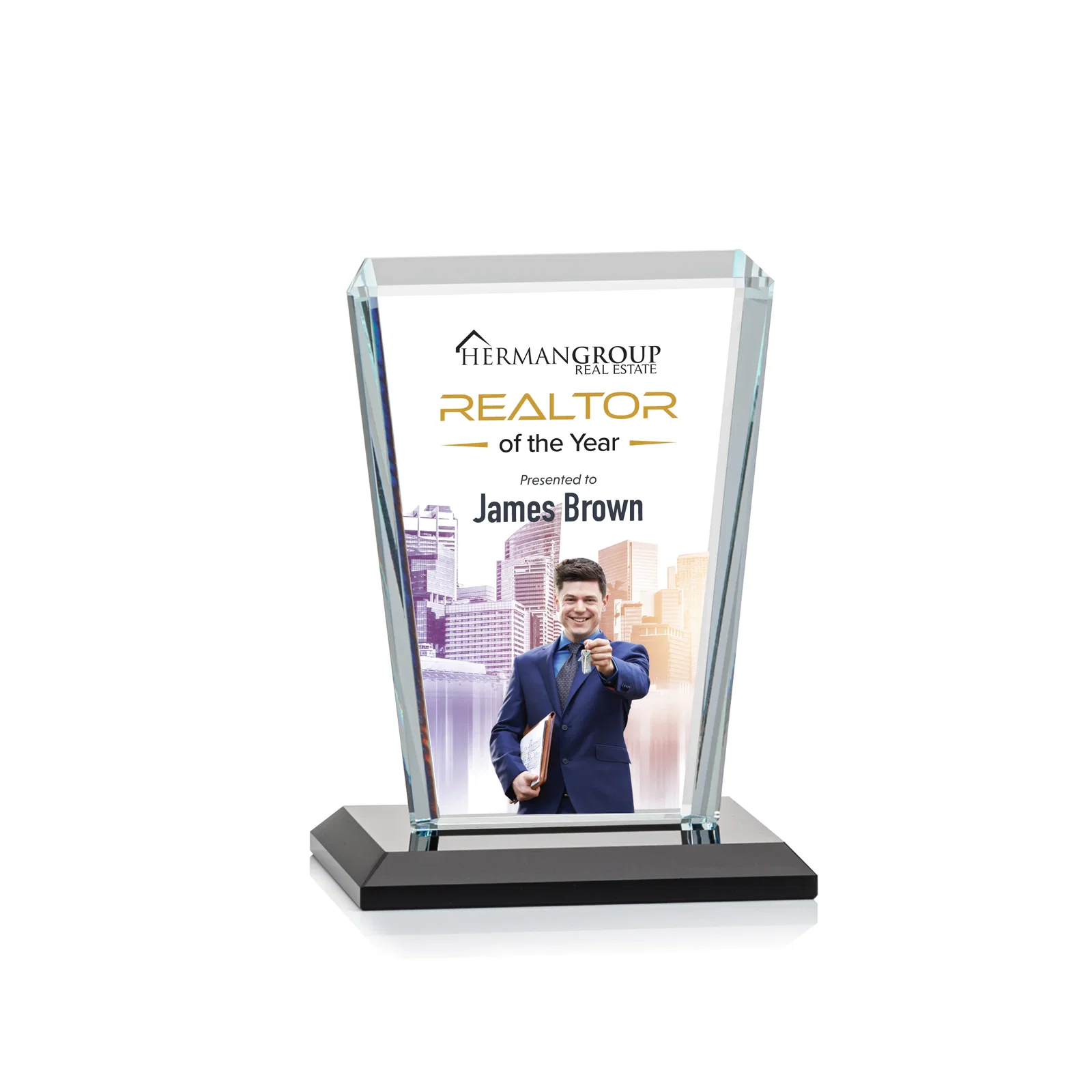 Custom printed Starfire Crystal Award on Rosewood Base, Full-Color Print Option for corporate award ceremonies