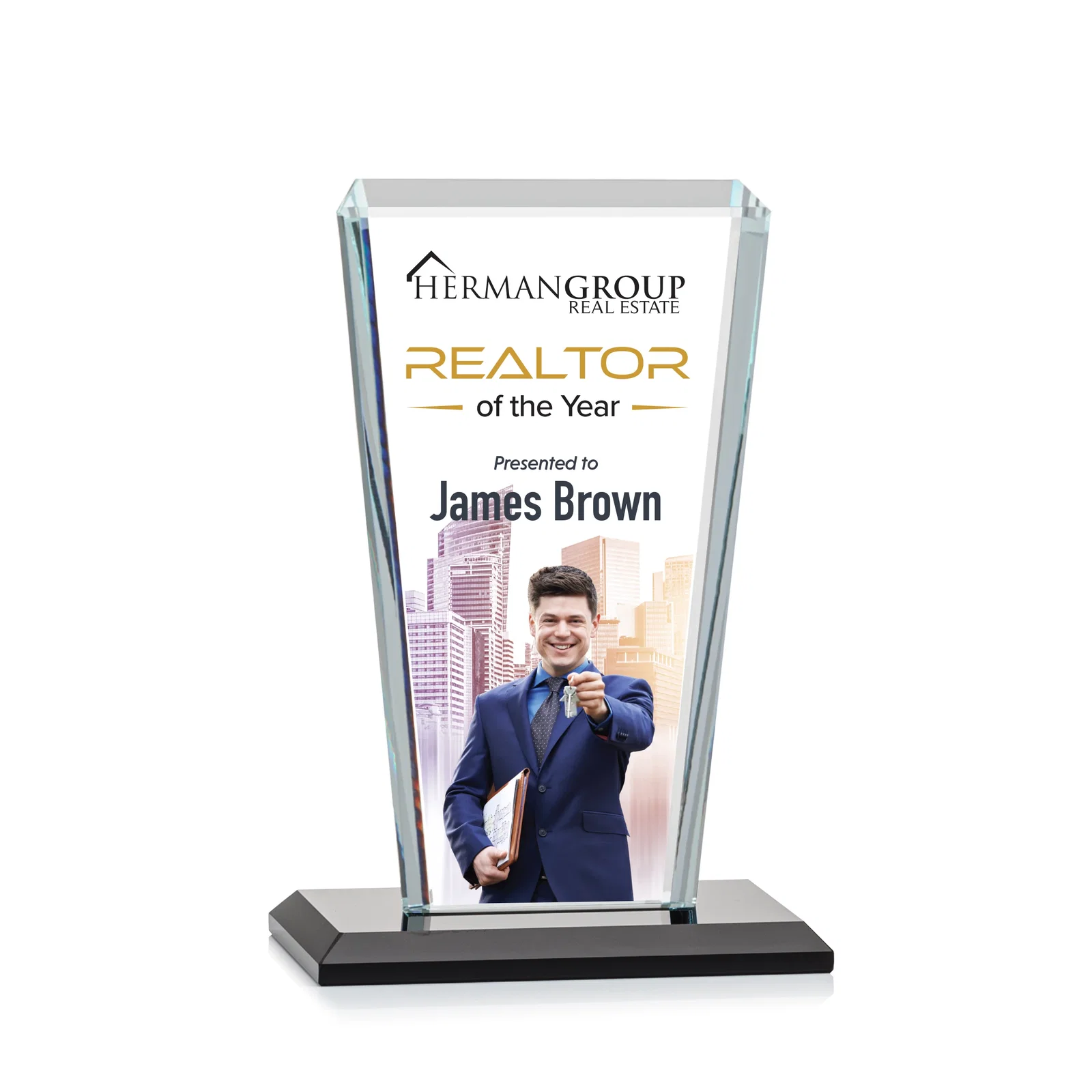 Custom printed Starfire Crystal Award on Rosewood Base, Full-Color Print Option for service anniversary gifts