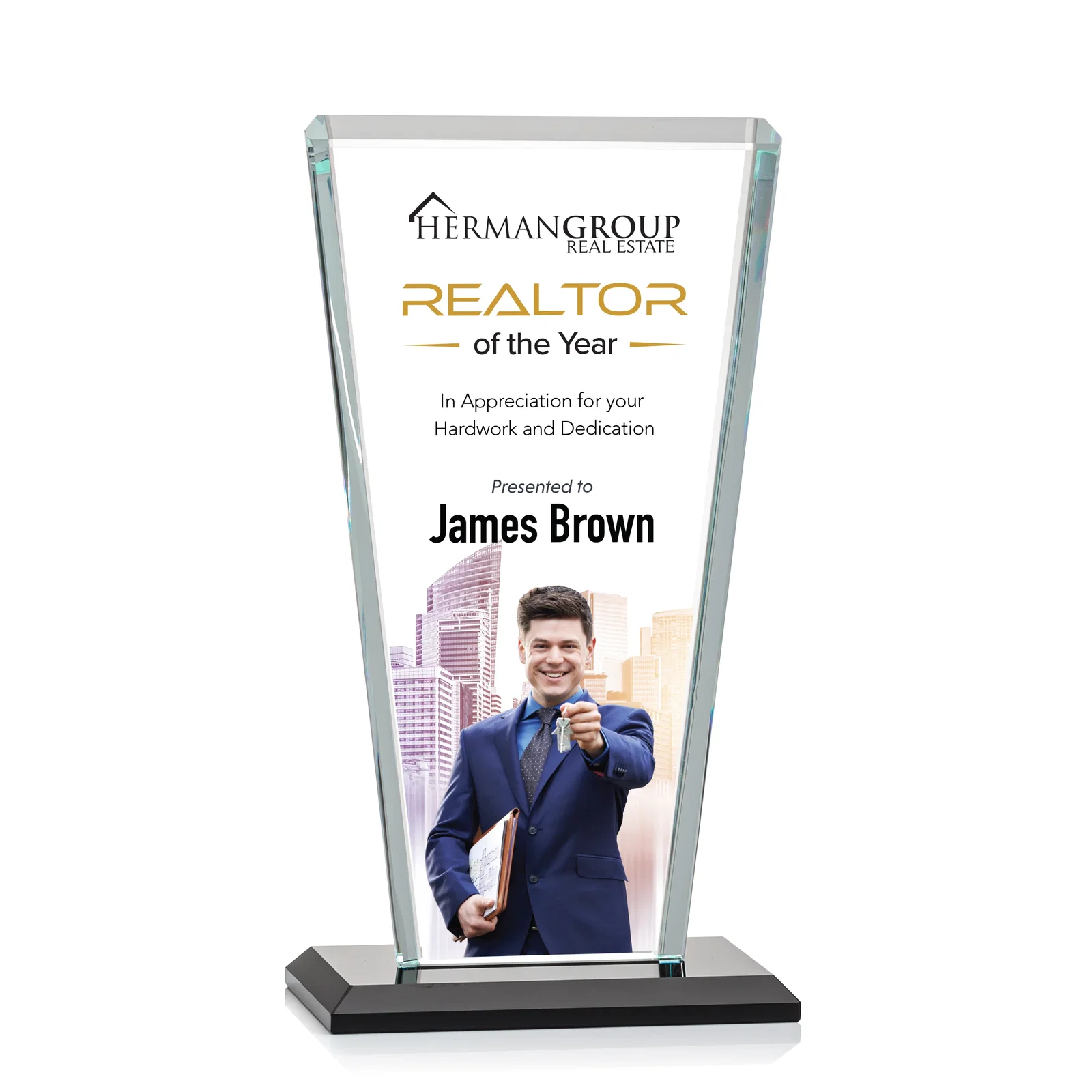 Custom printed Starfire Crystal Award on Rosewood Base, Full-Color Print Option for sales achievement awards