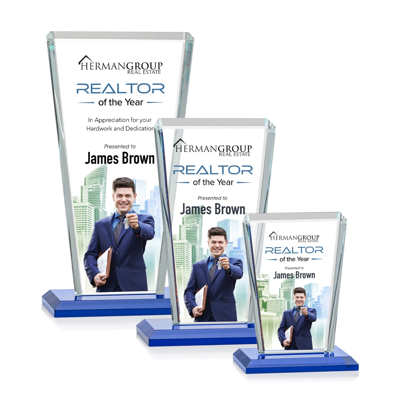 Custom printed Starfire Crystal Award on Rosewood Base, Full-Color Print Option for retirement presentations