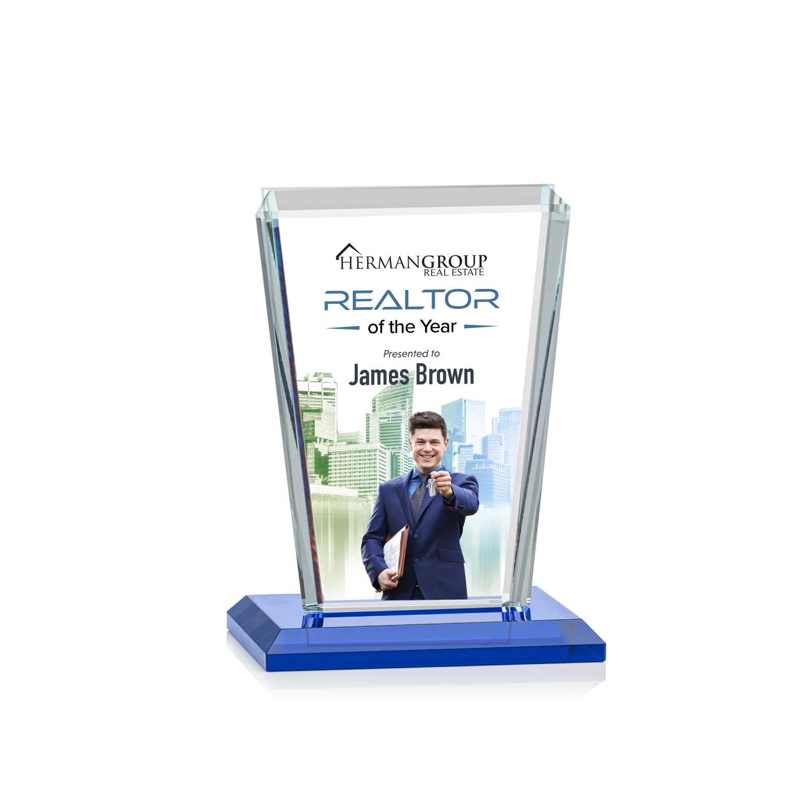 Custom printed Starfire Crystal Award on Rosewood Base, Full-Color Print Option for team milestone celebrations
