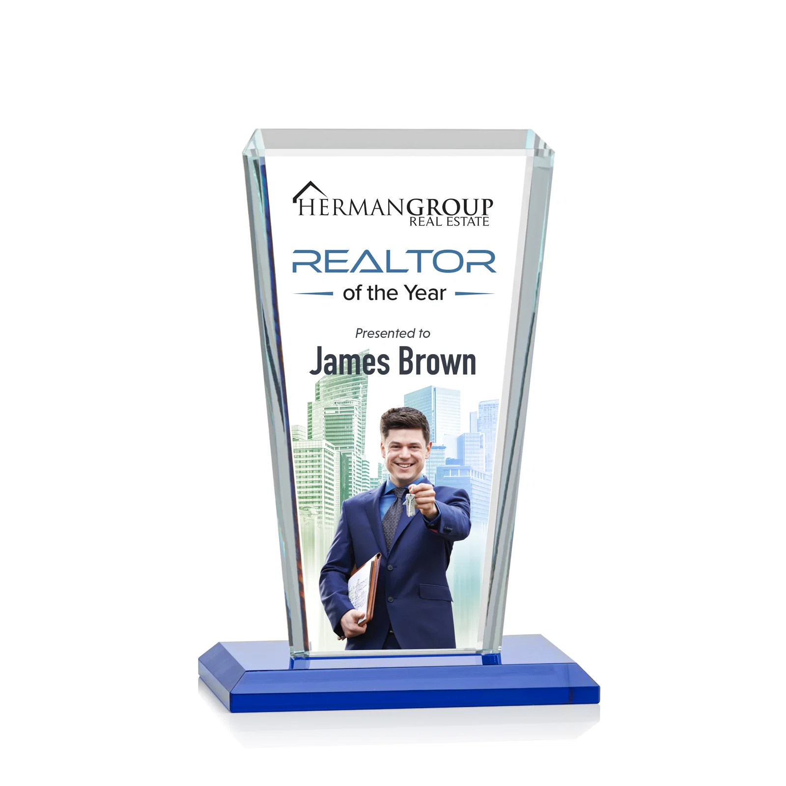Custom printed Starfire Crystal Award on Rosewood Base, Full-Color Print Option for donor appreciation
