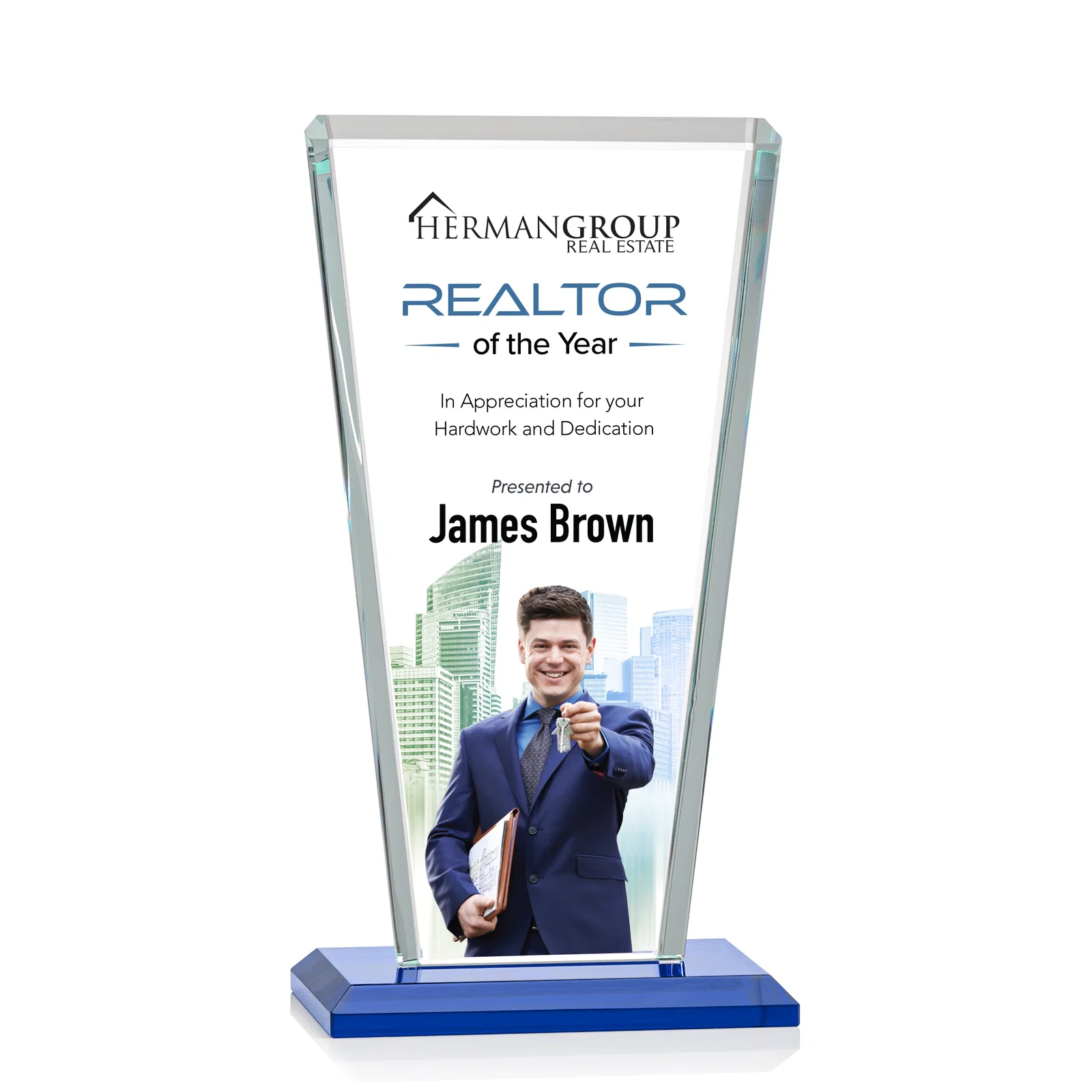 Custom printed Starfire Crystal Award on Rosewood Base, Full-Color Print Option for graduation ceremonies