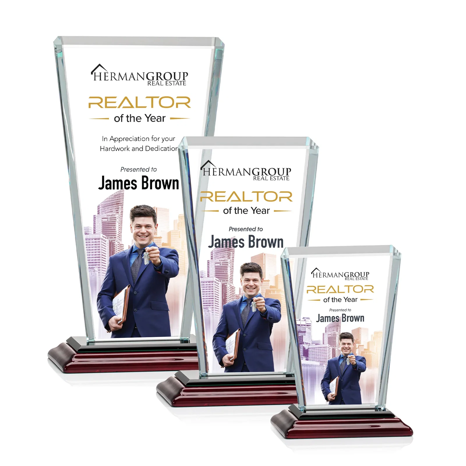Custom printed Starfire Crystal Award on Rosewood Base, Full-Color Print Option for safety achievement programs