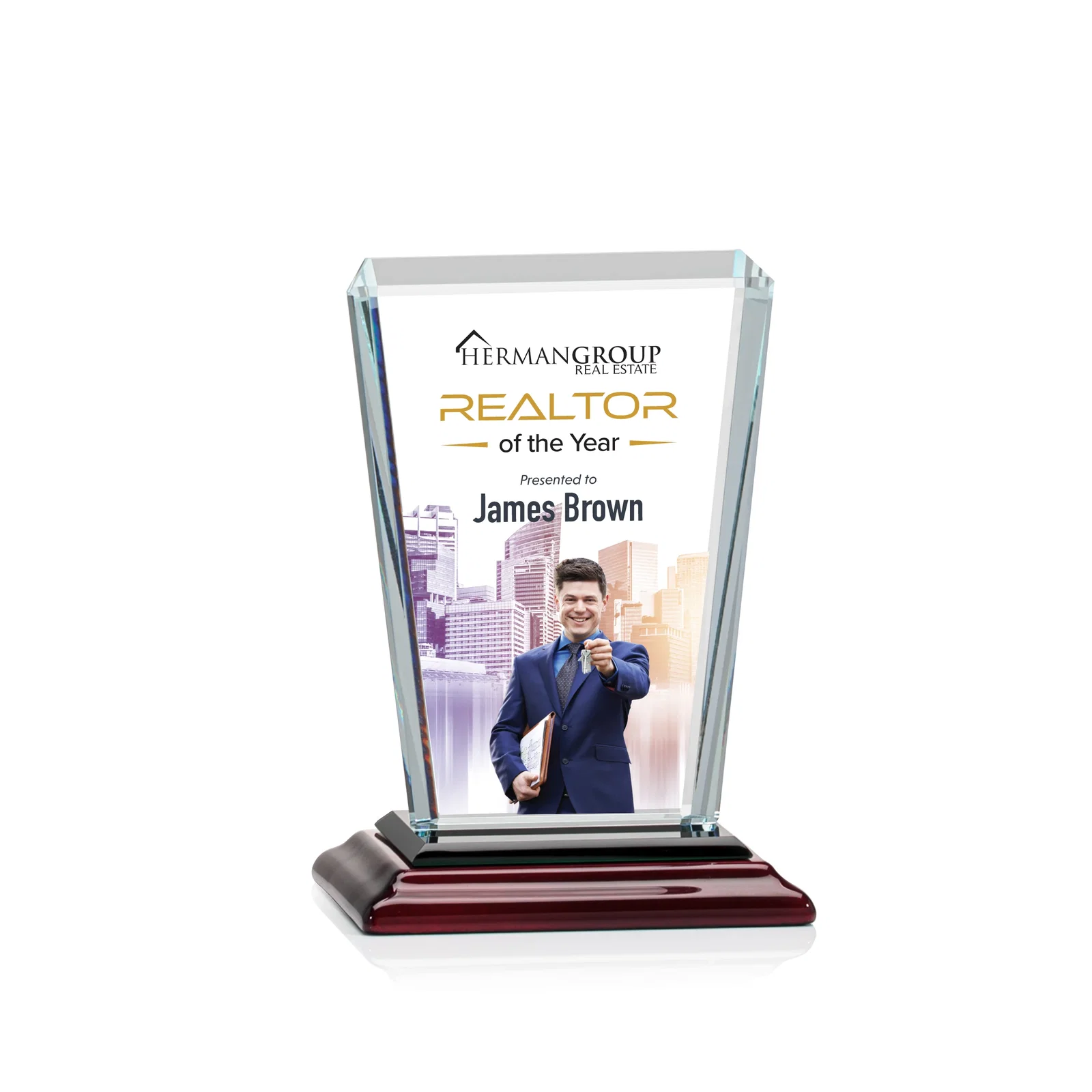 Custom printed Starfire Crystal Award on Rosewood Base, Full-Color Print Option for volunteer appreciation