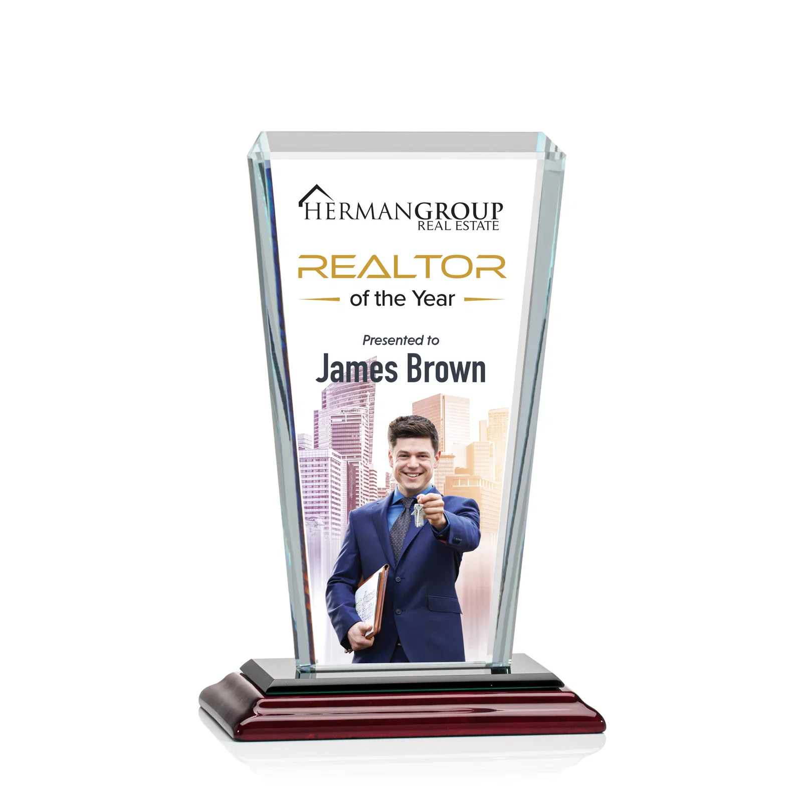 Custom printed Starfire Crystal Award on Rosewood Base, Full-Color Print Option for dealer and partner awards