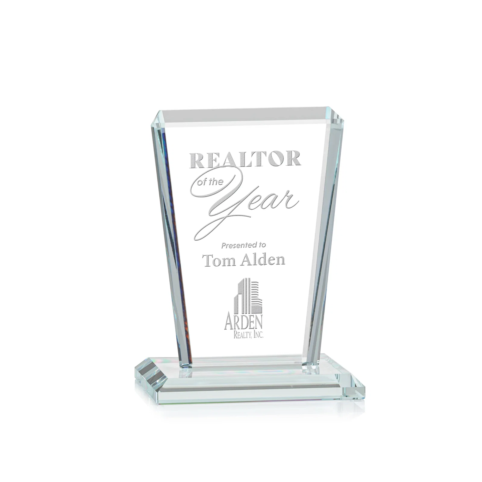 Custom Starfire Crystal Award on Rosewood Base, Full-Color Print Option for team milestone celebrations