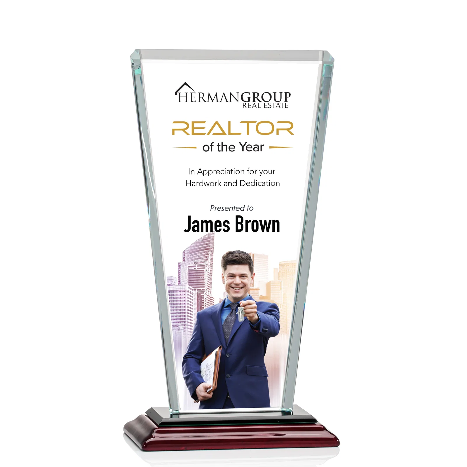 Custom printed Starfire Crystal Award on Rosewood Base, Full-Color Print Option for company anniversary events
