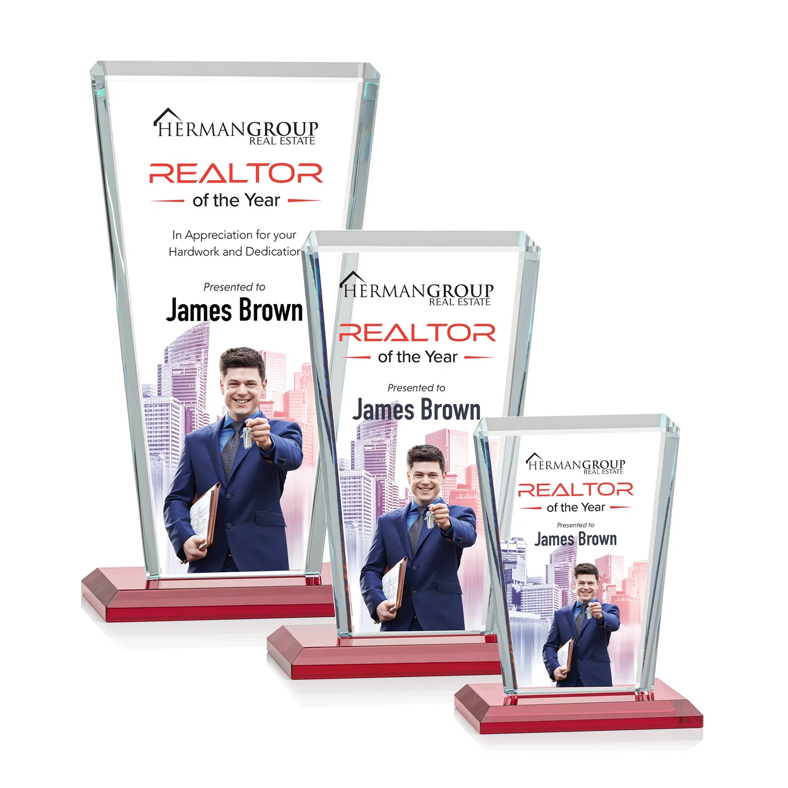Customized Starfire Crystal Award on Rosewood Base, Full-Color Print Option for employee recognition