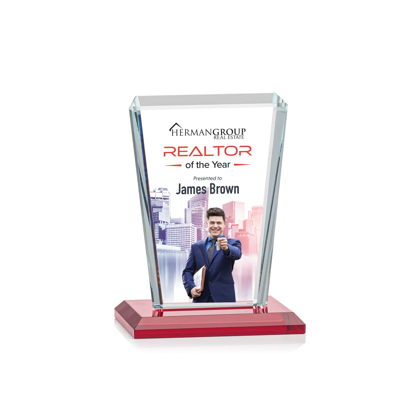Customized Starfire Crystal Award on Rosewood Base, Full-Color Print Option for corporate award ceremonies