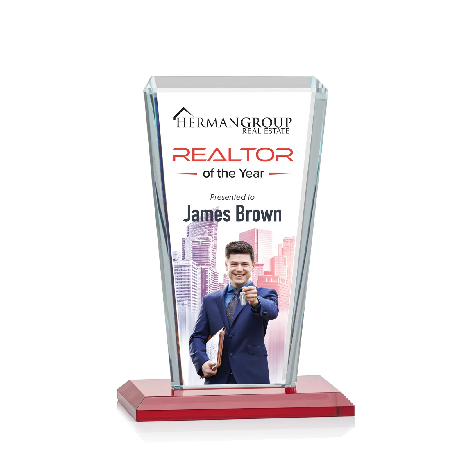 Customized Starfire Crystal Award on Rosewood Base, Full-Color Print Option for service anniversary gifts