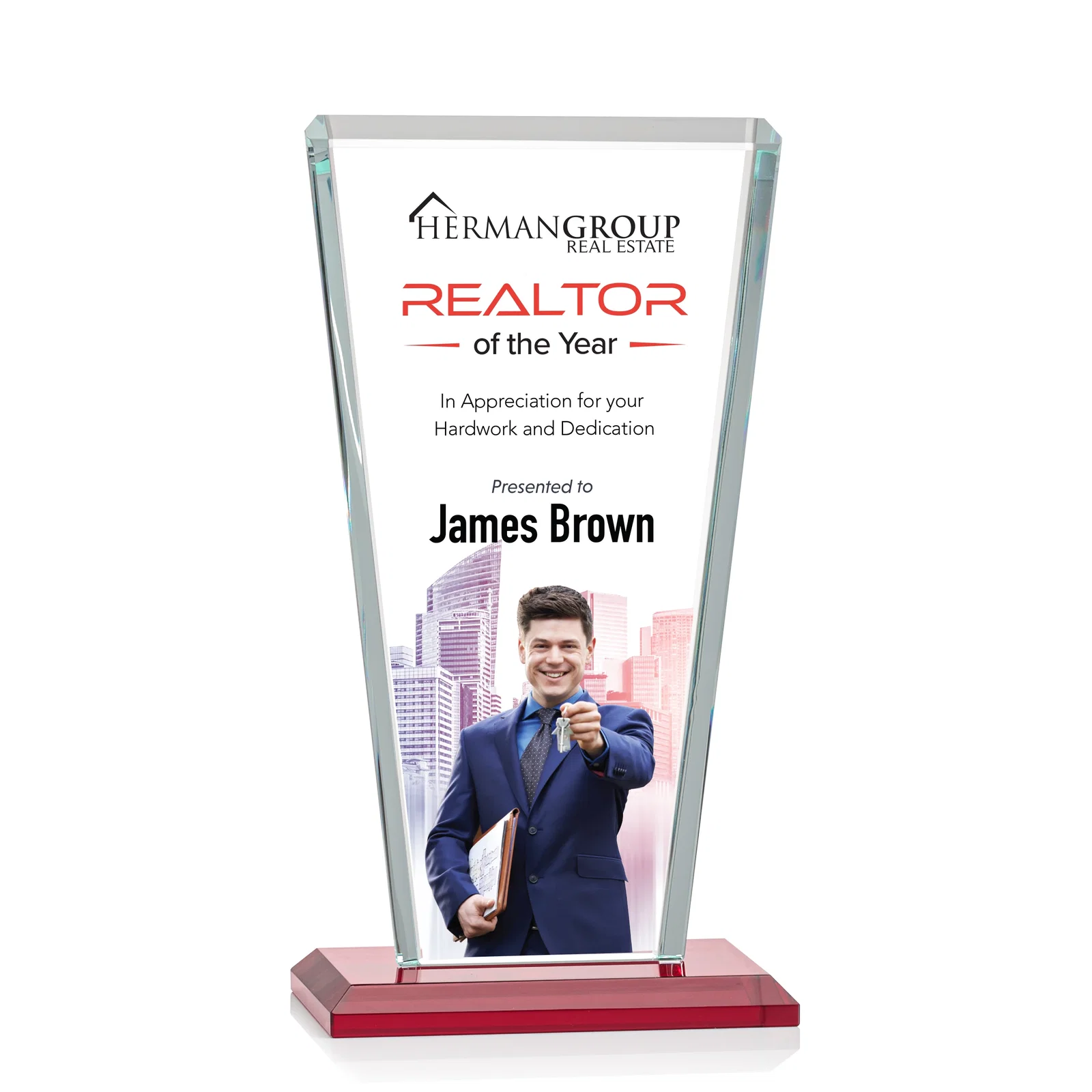 Customized Starfire Crystal Award on Rosewood Base, Full-Color Print Option for sales achievement awards