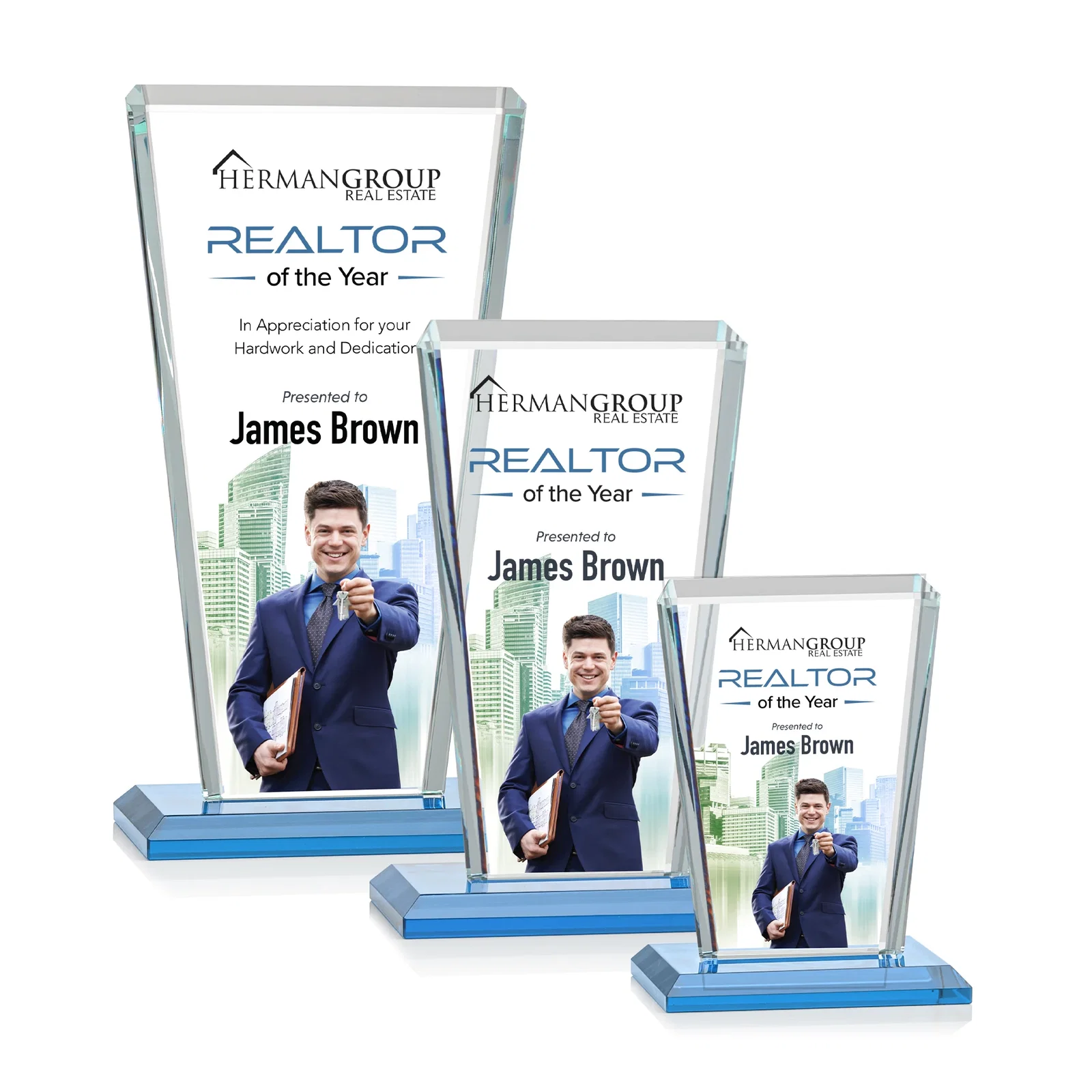 Customized Starfire Crystal Award on Rosewood Base, Full-Color Print Option for retirement presentations