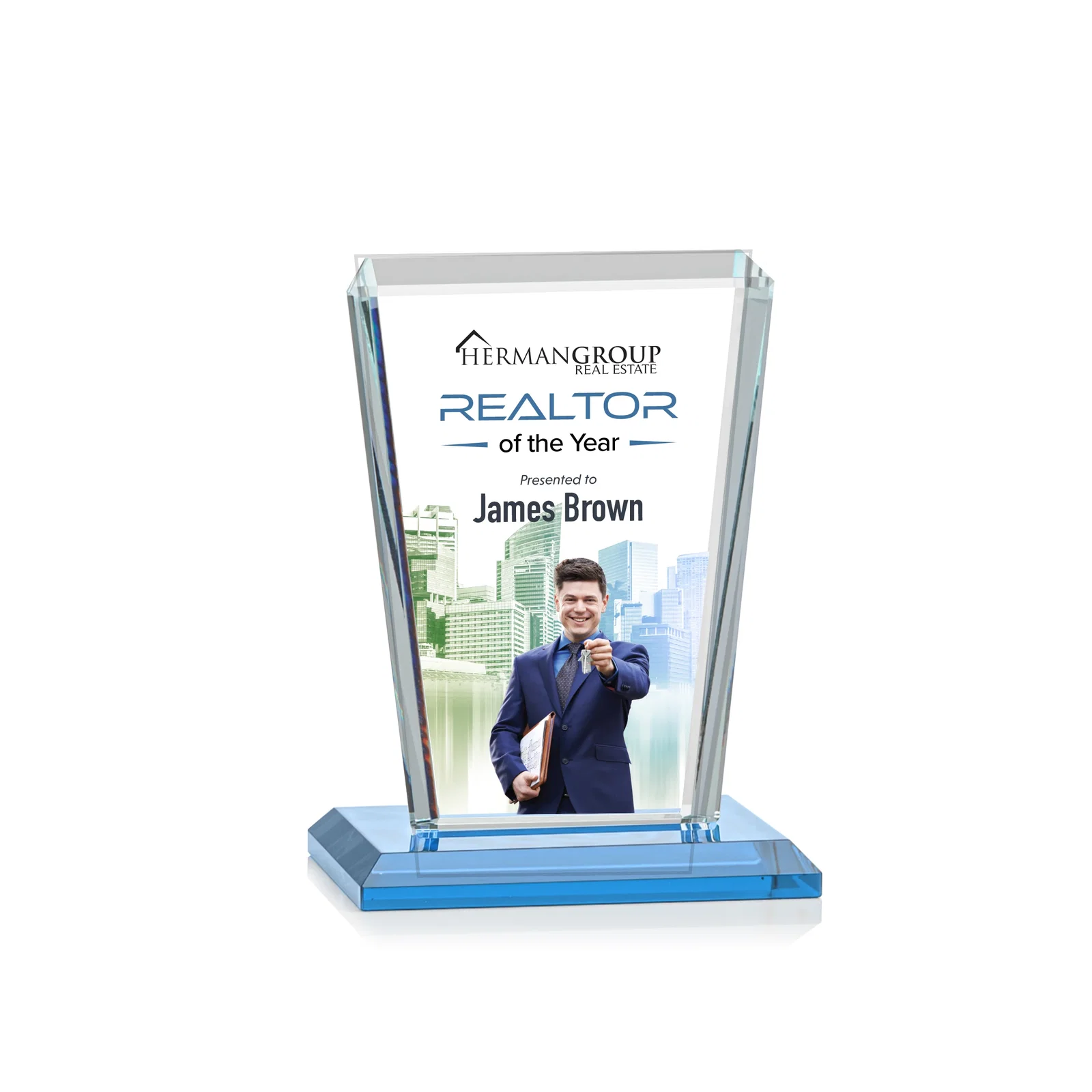 Customized Starfire Crystal Award on Rosewood Base, Full-Color Print Option for team milestone celebrations