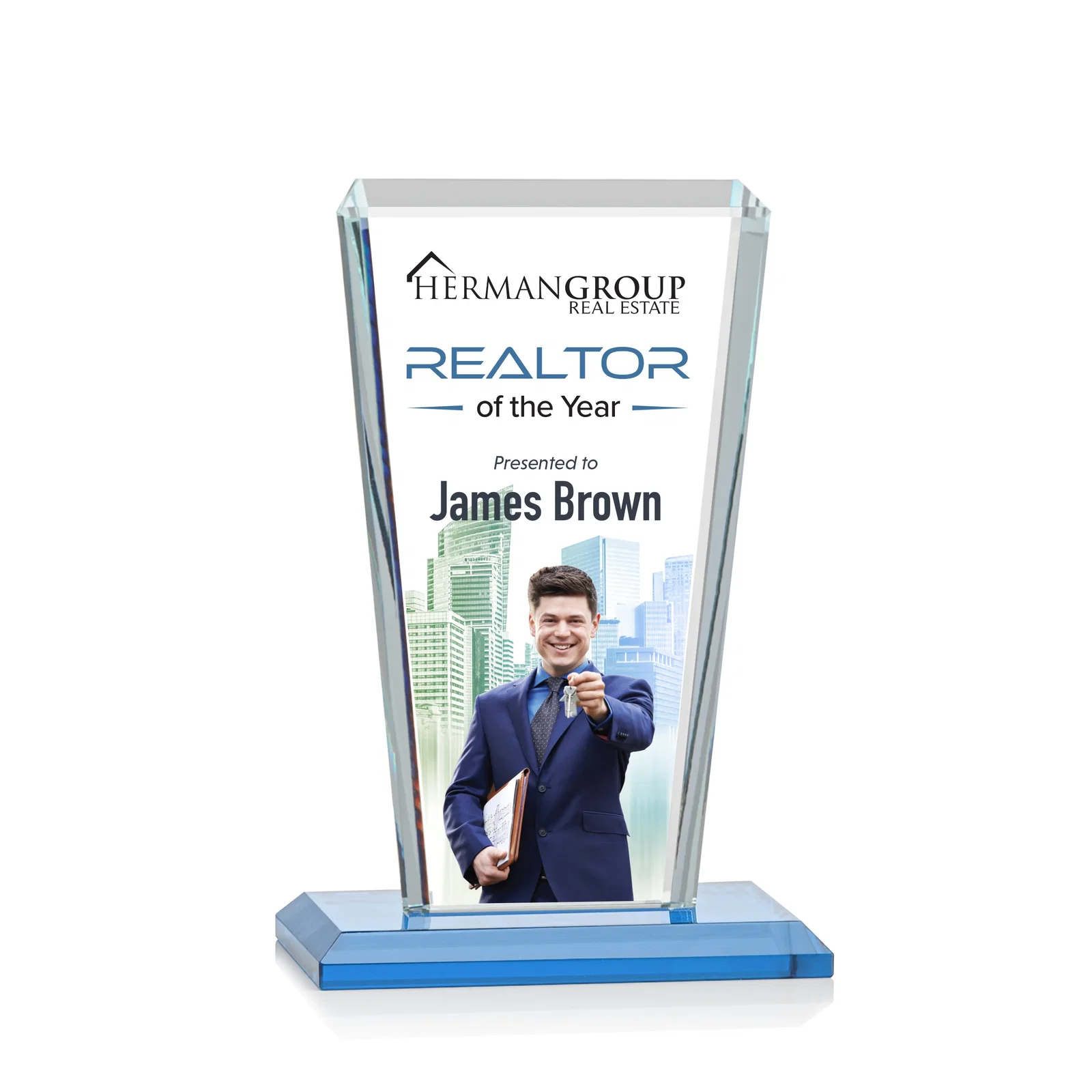 Customized Starfire Crystal Award on Rosewood Base, Full-Color Print Option for donor appreciation