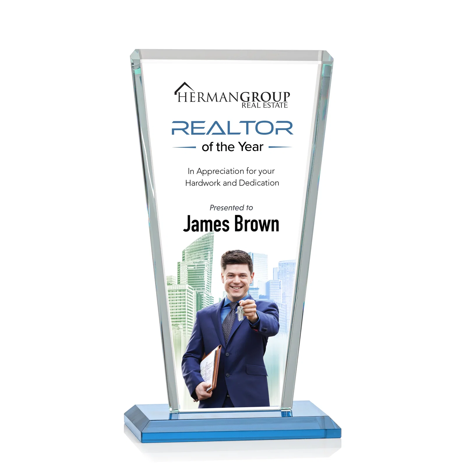 Customized Starfire Crystal Award on Rosewood Base, Full-Color Print Option for graduation ceremonies
