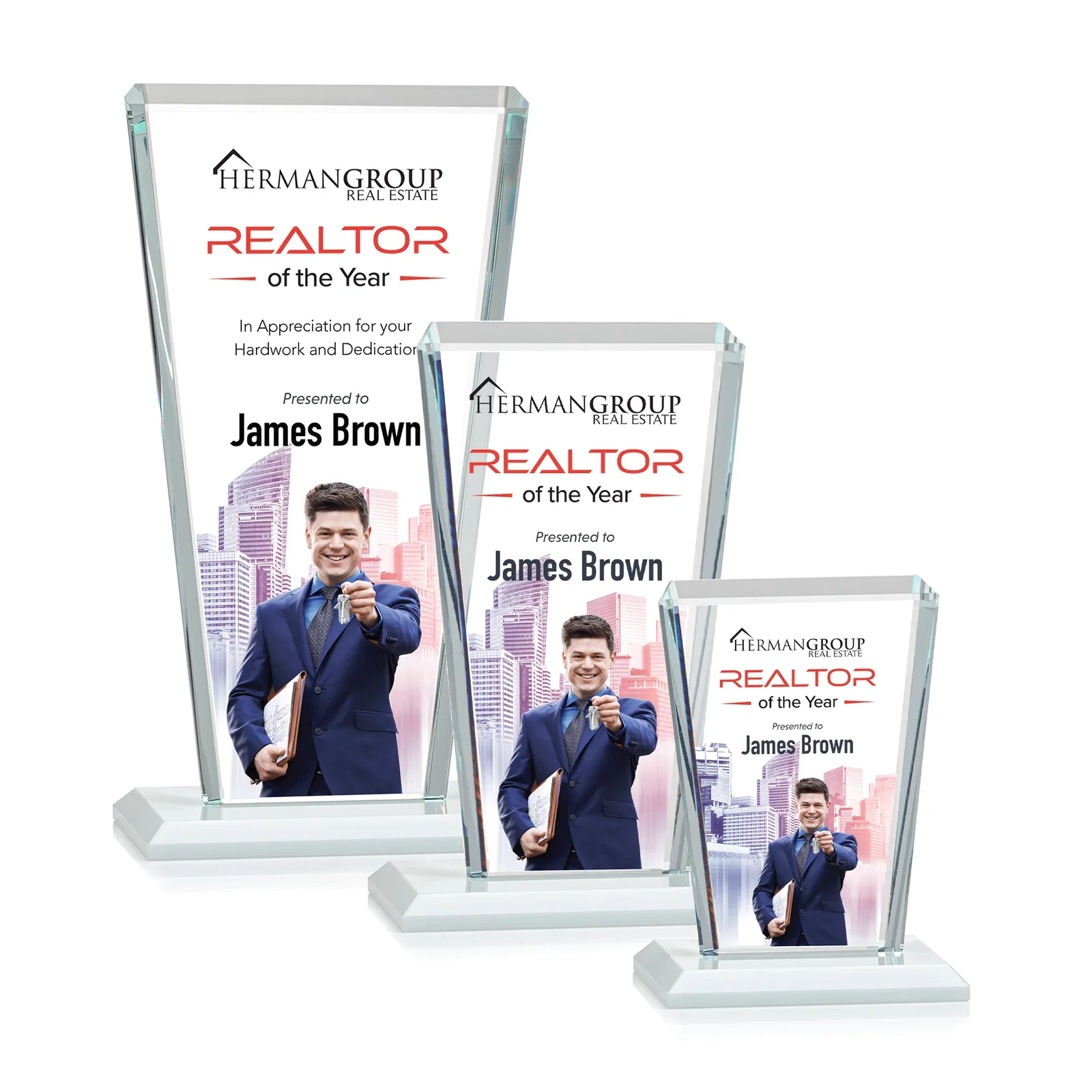 Customized Starfire Crystal Award on Rosewood Base, Full-Color Print Option for safety achievement programs