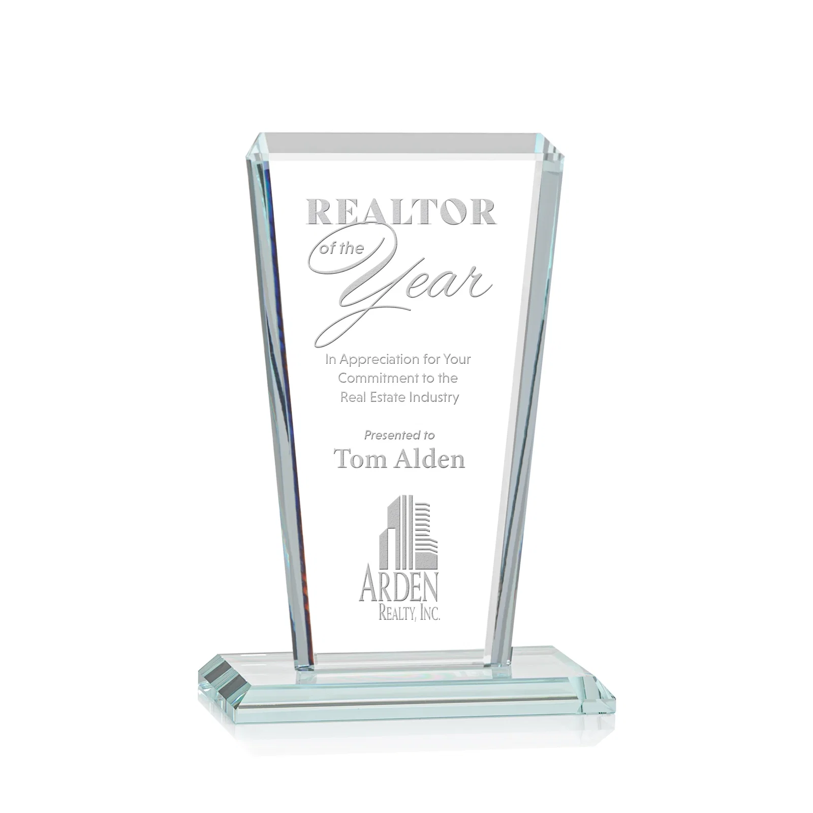 Custom Starfire Crystal Award on Rosewood Base, Full-Color Print Option for donor appreciation