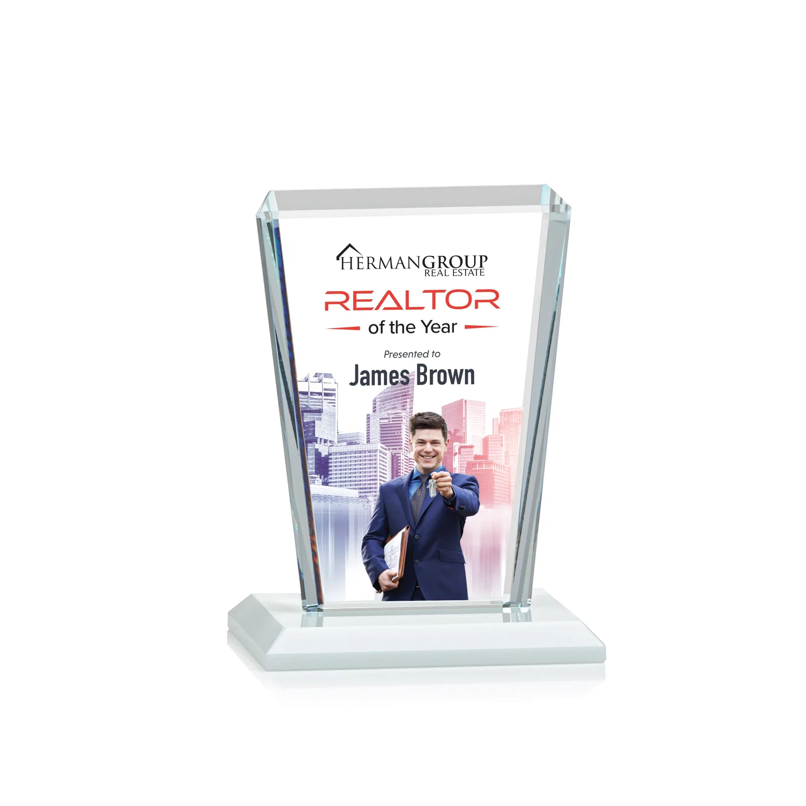 Customized Starfire Crystal Award on Rosewood Base, Full-Color Print Option for volunteer appreciation
