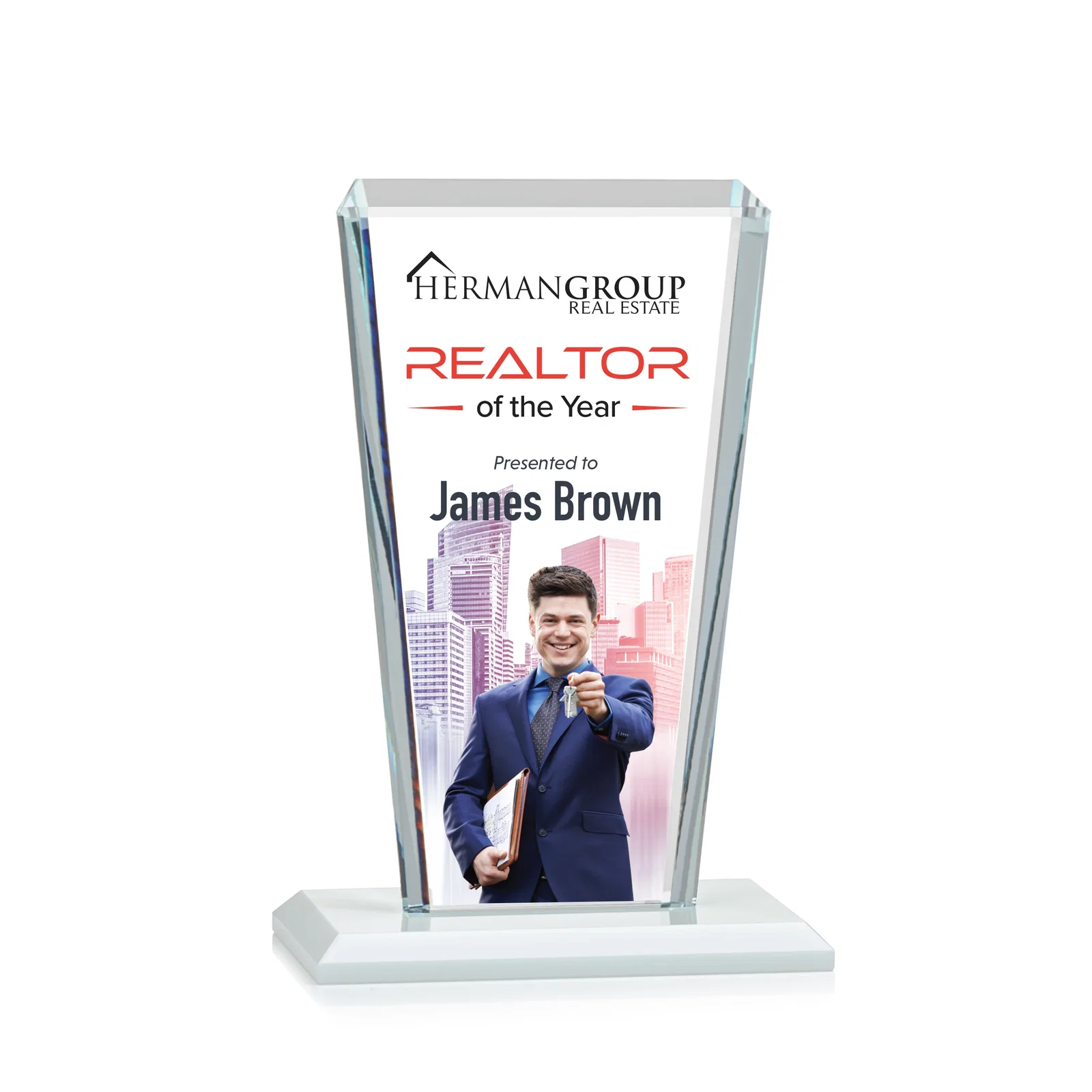 Customized Starfire Crystal Award on Rosewood Base, Full-Color Print Option for dealer and partner awards