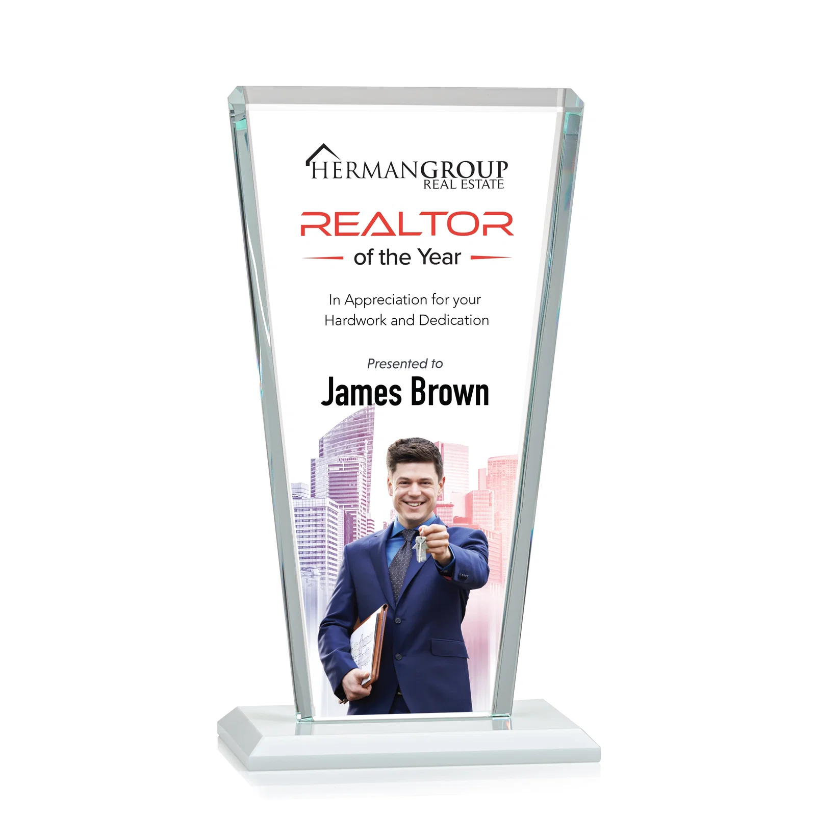 Customized Starfire Crystal Award on Rosewood Base, Full-Color Print Option for company anniversary events