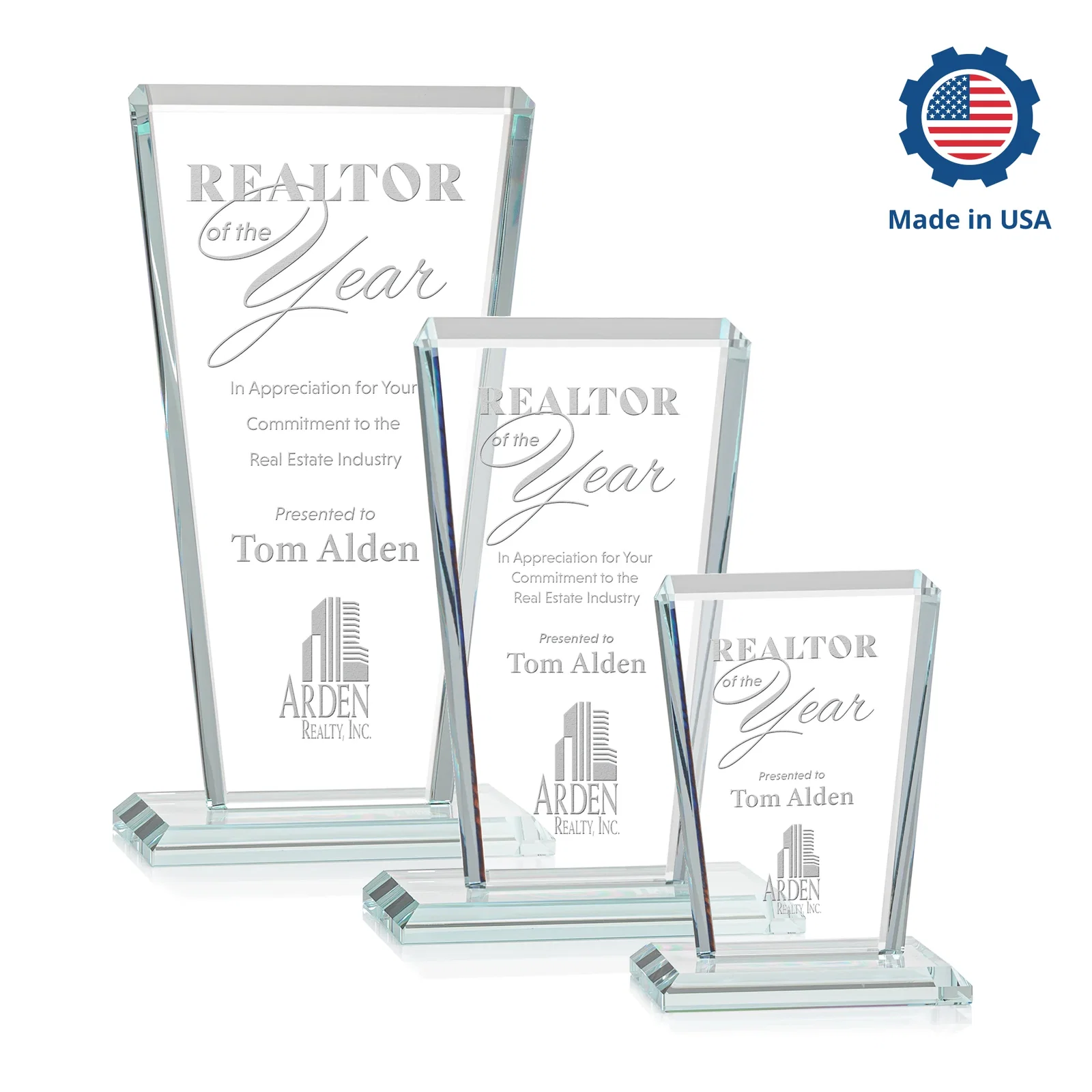 Custom engraved Starfire Crystal Award on Rosewood Base, Full-Color Print Option for employee recognition
